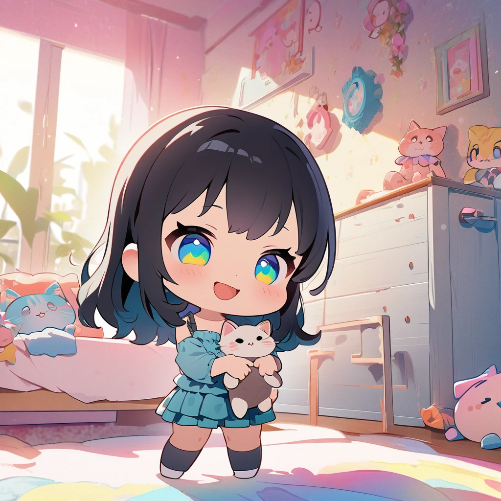 masterpiece、Highest quality、Depth of subject、((2D illustration))、1 beautiful girl、((colorful))、(((chibi style)))、((Long, beautiful hair))、Light black hair、ribbon、cute、Beautifully detailed eyes、Tank top、((mini skirt))、(((vivid color))、socks、((in the room))、((bed))、stuffed toy、((medium shot))、((Very happy face))、((Holding a kitten))、((There&#39;s a lot of pink around))、((Lens flare))、White light is shining、Sunbeam、My whole body was filled with light、Cinematic lighting、Full body lighting