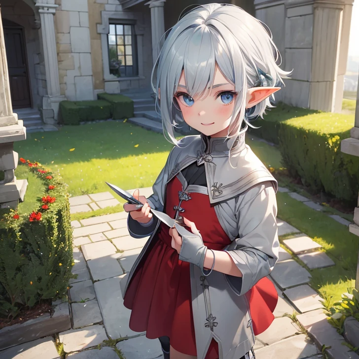 (Absurdres, best high quality, very detailed pixels and textures, carefully detailed quality, solo character alone, full character view)
{1character 9 years old male elf boy}, he has pale skin, thick messy blue pure-blue color hair, heterochromatic eyes, very thin lips, short body, cute arms, cute legs, (wearing a pale grey tunic, red red cloak, pale grey bracelets, grey gloves, pale grey boots, red and green hair pin), (holding a short silver knife), beautiful male ???, cute face, relaxed smile, adorable, cheerful.
Standing in dannish castle yard.