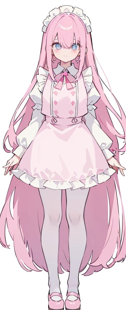 (((Long pinky Beautiful Hair))),pink hair,kawai,(((Eyes visible from bangs,hair over eyes:1.3))),,Huge ,(cyan color eyes),,(pink slanted eyes),1girl in,bangs,long CYAN hair, pantyhowboy Shot,white background,short hair,smiled,(wearing pink maid clothes), (maid dress type must have a perfect pink vest), Bangs should be long to the tip of the chin(((Standing pose facing to the right side free hand pose))), white background, Perfect arm fingers,,, 1 girl, ((The image must match the tag)) Bangs almost cover the eyes full body (The character's entire body from top to bottom is completely visible) (The character's entire body is visible from head to toe) wearing shiny pink shoes (full body image full body image) full body image full body image) white background, Long slim legs, Perfect pink maid outfit perfect pink vest perfect pink jabot