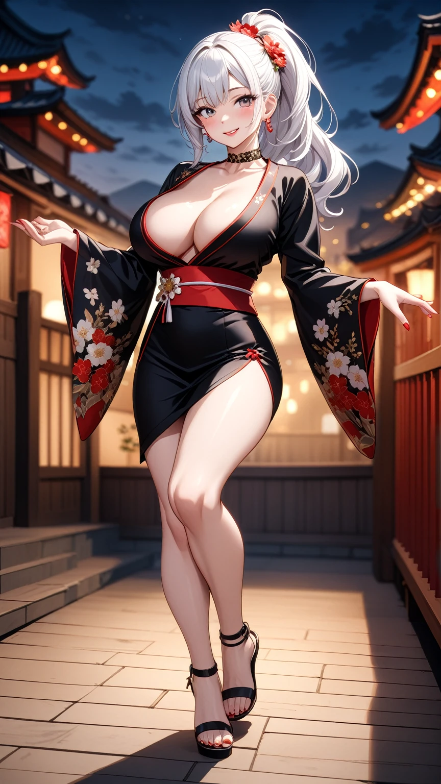 ((One personの女性)), Beautiful Face, (Laughing embarrassedly), (seductive smile:1.2),((Doing sexy poses:1.1)), ((Wink:1.9)), (head tilt:1.3), Laugh with your mouth wide open, upper teeth, looking down at viewer, ((Bright red cheeks:1.4)),Glossy Red Lips,rooftop, firework, Glossy red lips, Shining Face, ((Anime style background)),masterpiece, Highest quality, so beautiful,up to date, Complex details, (Pink long nails),(ring),(bracelet),(Floral choker),(black high heel sandals)), AI-generated, Complex,High resolution, Highest quality, super high quality,3D Images、3D Images,One person,Long white hair,High Ponytail, Anime woman posing for a photo,(blue eyes), ((Fine grain、Silvery white, lightly pigmented eyes、Shining Eyes:1.1)), (Squint your eyes:1.1),a hyperRealistic , hyperRealistic , Realistic,Anime woman with long white hair, Smooth anime CG art, A woman in a colorful kimono with gold embroidery, (Black long sleeve kimono),Red floral pattern,Long flower hair ornament,Earrings,Mature Body,(Big Breasts:1.1),Tall,Abdominal muscles,Tight waist,(full body:1.4), (front view),