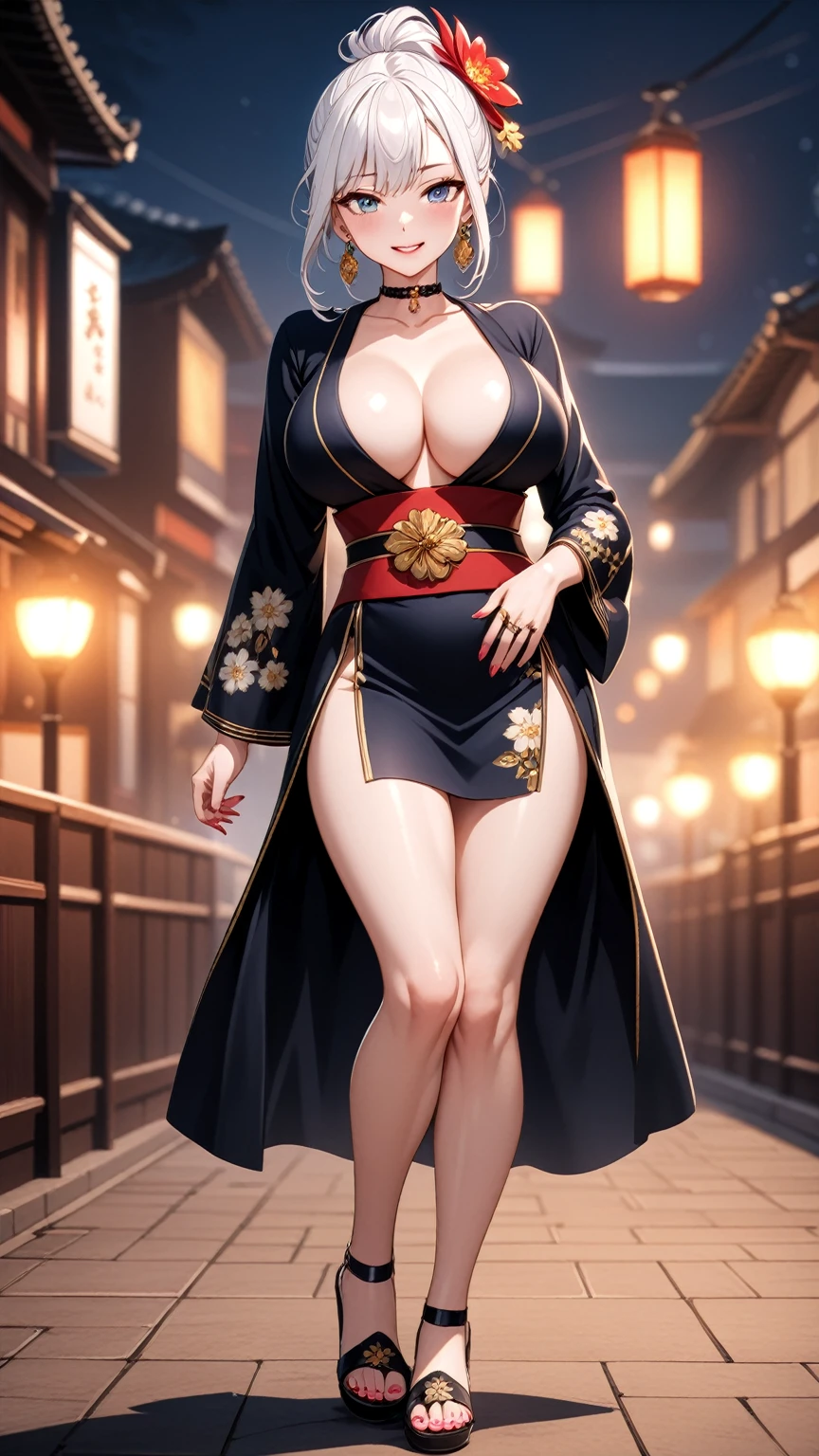 ((One personの女性)), Beautiful Face, (Laughing embarrassedly), (seductive smile:1.2),((Doing  poses:1.1)), ((Wink:1.9)), (head tilt:1.3), Laugh with your mouth wide open, upper teeth, looking down at viewer, ((Bright red cheeks:1.4)),Glossy Red Lips,rooftop, firework, Glossy red lips, Shining Face, ((Anime style background)),masterpiece, Highest quality, so beautiful,up to date, Complex details, (Pink long nails),(ring),(bracelet),(Floral choker),(black high heel sandals)), AI-generated, Complex,High resolution, Highest quality, super high quality,3D Images、3D Images,One person,Long white hair,High Ponytail, Anime woman posing for a photo,(blue eyes), ((Fine grain、Silvery white, lightly pigmented eyes、Shining Eyes:1.1)), (Squint your eyes:1.1),a hyperRealistic , hyperRealistic , Realistic,Anime woman with long white hair, Smooth anime CG art, A woman in a colorful kimono with gold embroidery, (Black long sleeve kimono),Red floral pattern,Long flower hair ornament,Earrings,Mature Body,(:1.1),Tall,Abdominal muscles,Tight waist,(full body:1.4), (front view),