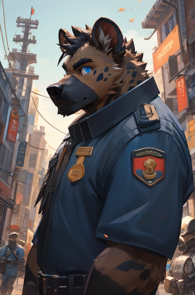 hyena, scruffy fringe, navy blue collar, blue eyes, good eyes, team fortress 2 style