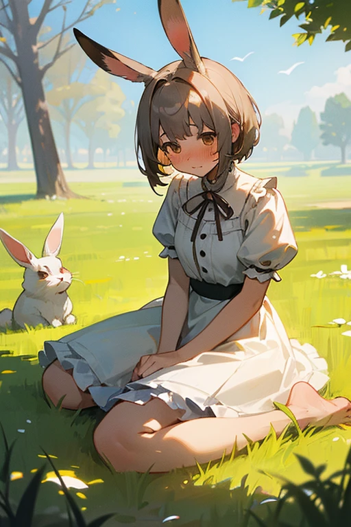 ((masterpiece, best quality)),1girl, solo, animal ears, rabbit, barefoot, skirt, sitting, rabbit ears, short sleeves, (teasing, shy, blushing: 1.3), looking at the audience, grass, short hair, gray hair, puff sleeves, outdoors, fluffy short sleeves, bangs, on the ground, full body, animal, white dress, sunlight, brown eyes, mottled sunlight, daytime,