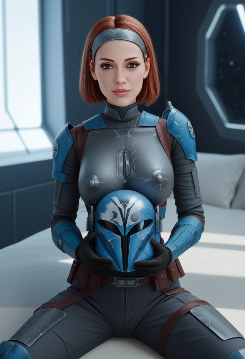 score_9_up, score_8_up, score_7_up, 1girl, solo, mature female, ((Bo Katan)), orange bob hair, brown eyes, pink lips, parted lips, fit slim body, (((torn blue and white Mandalorian armor))), (((white Starship room, space in the porthole, white furniture, highly detailed interior, white led backlight))), perfect model body, seductive pose, sitting on the bed