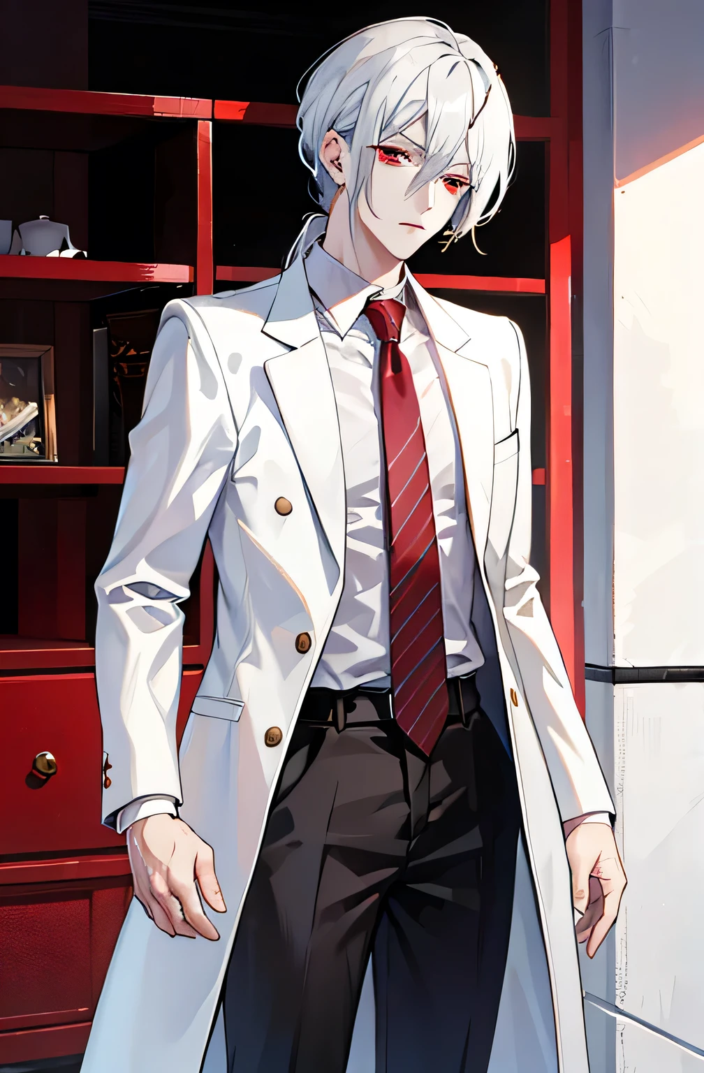 high resolution、beautiful、White hair, red eyes, handsome in a suit, assassin, pale skin, good ears