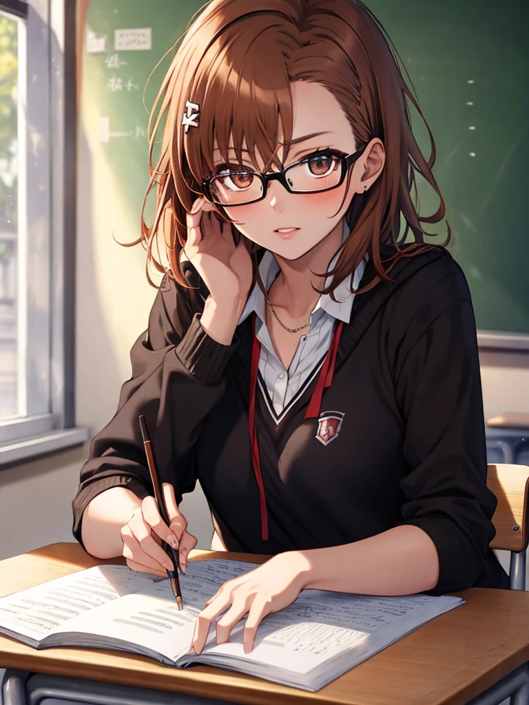 wearing glasses, female teacher, classroom, blackboard, (masterpiece), highest quality, Misaka Mikoto, 1girl, uhd, retina, masterpiece, ccurate, anatomically correct, textured skin, super detail, high details, high quality, best quality, highres, 4K