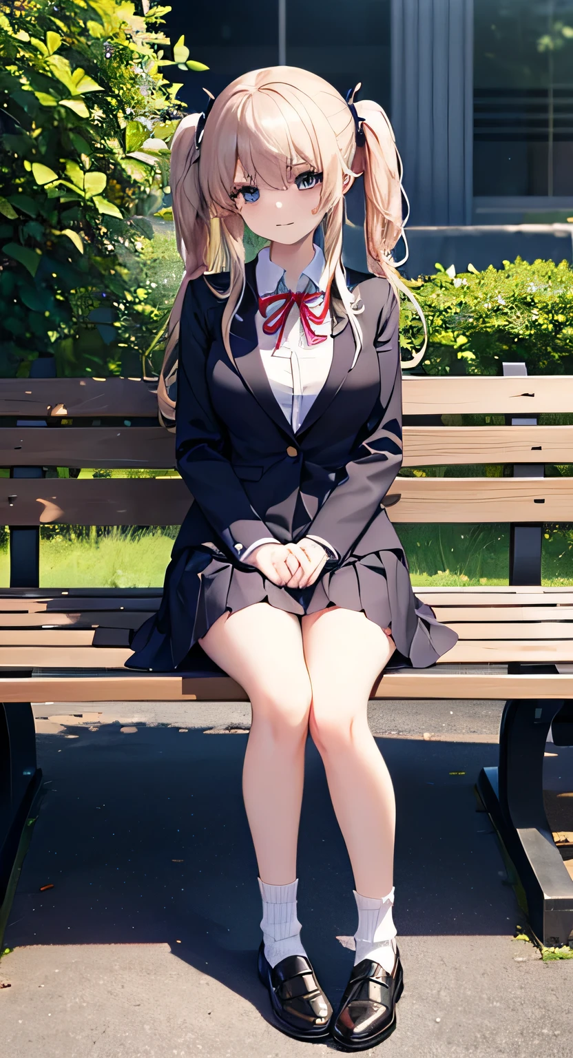 high quality, masterpiece, High resolution, (Head to Toe full body), front, frontComposition from slightly below, Symmetric, Tall 18 year old girl, alone, (Head to Toe), (Small breasts), socks、, (Sit with your legs apart), (Crouching pose), ( (Sit on a bench with your legs spread), (M-shaped feet), Thin legs, Very beautiful tall 18 year old girl, (靴は履いてません), smile、 Looking into the camera, blazer uniform, Checkered Pleated Skirt