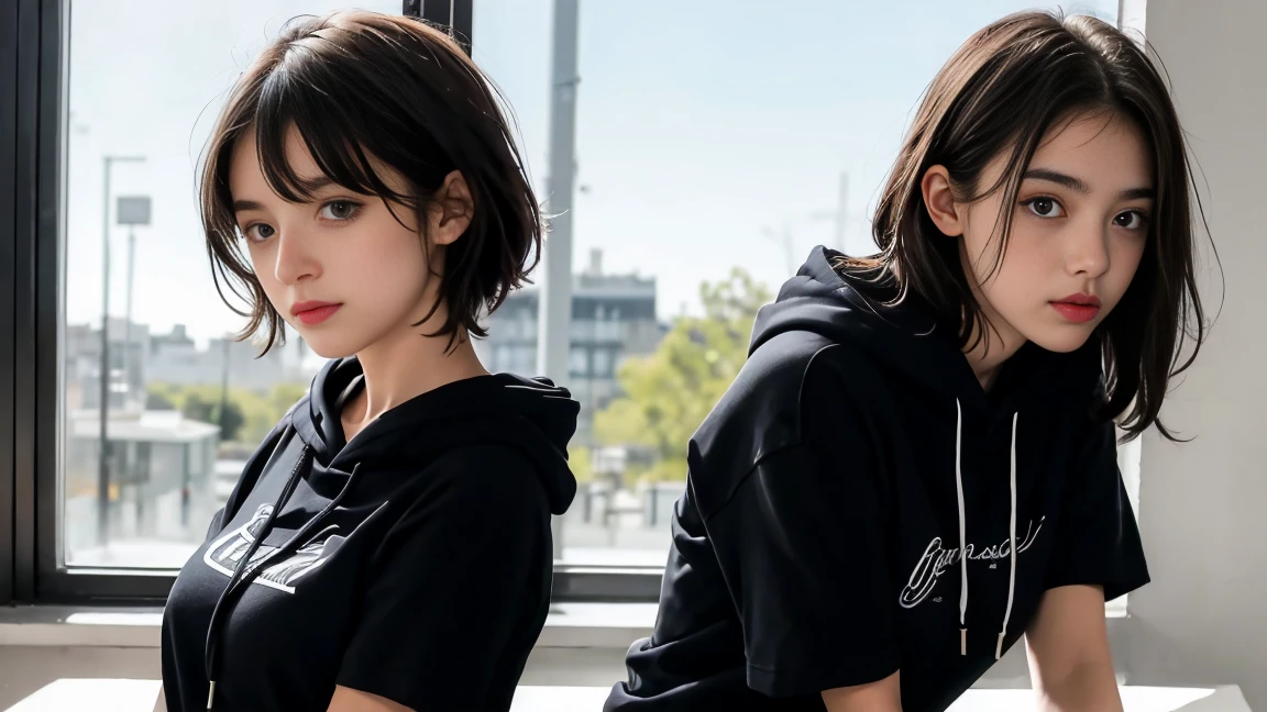 deux femmes ensemble de 18 ans sexy et mince , black short sleeve hoodie , salle de classe, se touche,position sey,sensuel
