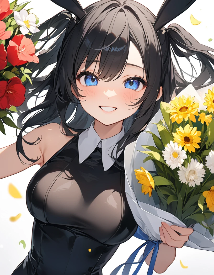 (Highest qualityのイラスト、Simple white background:1.2), (cute女の子:1.1), (1 girl、17 years old、), (1 girl、Kind eyes、blue eyes)、Black Hair、Semi-long hair、(Highest quality、Very detailed、cute、Ultra-high resolution) 、Black Hairの美少女、smile、Bunny girl、Black leotard、Larger breasts、holding a big bouquet、Close-up
