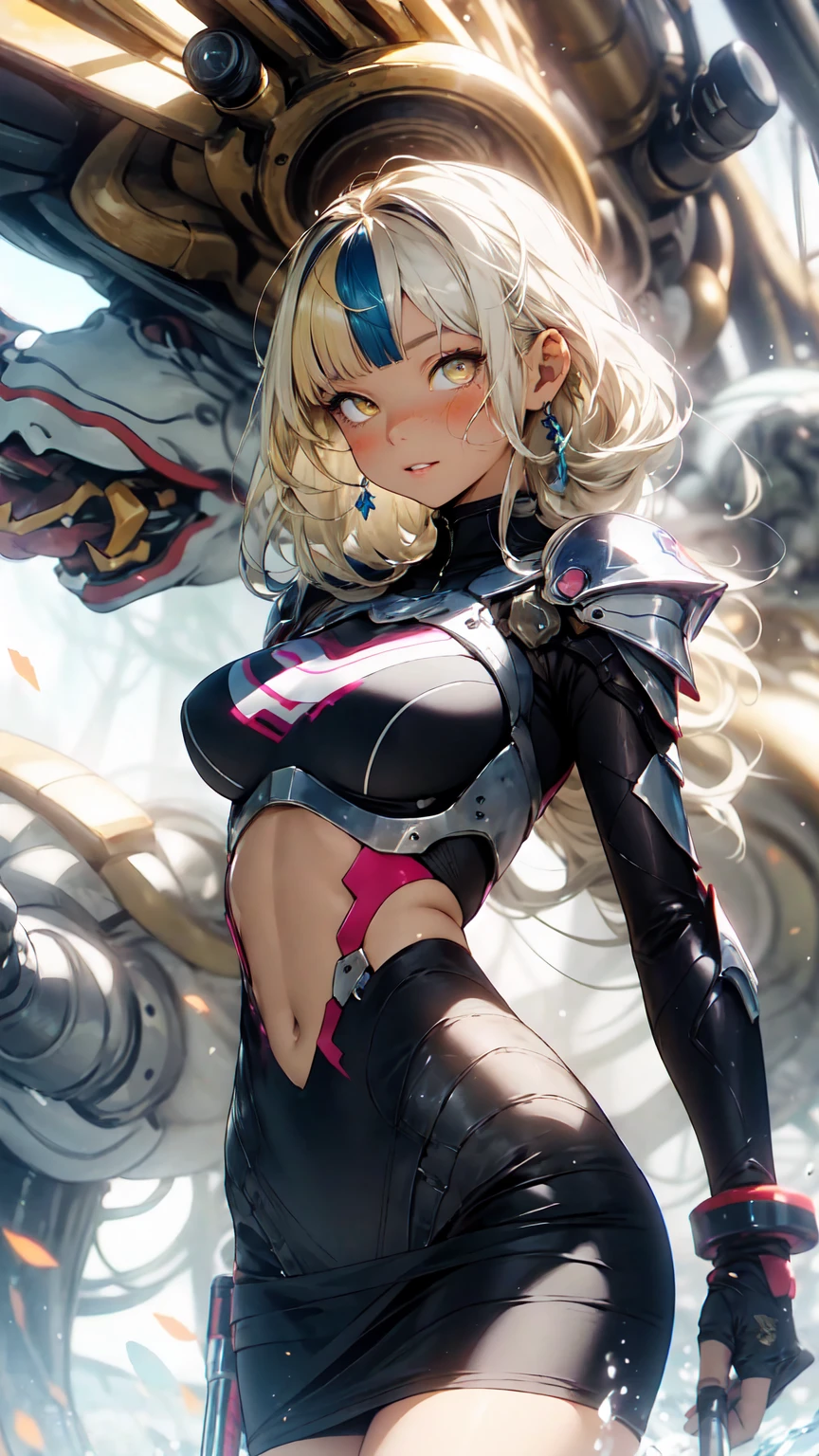 (masterpiece, highest quality, wonderful, very detailedティッカーユニティ、8k wallpaper, Depth of written boundary, Ultra-thin illustration:1.5)、3D, very detailed, (whole body、Mecha girl:1.3), sci-fi battlefield, Hawken, smile, open your mouth, short ponytail hair, (white blonde hair, deep blue eyes:1.2), sparkling eyes, cute顔, cute, big breasts, delicate hair, messy hair, (((Flying high in the sky))、blue sky, White cloud), shiny hair, shiny skin, (Symmetrical mechanical winetallic colored mechanical wings that are widely expanded to the left and right so that they protrude wonderfully from the screen, headgear, white hair ornament), (particles of light, cinematic lighting: 1.But pink lips: 0.8), by Yusuke Murata.