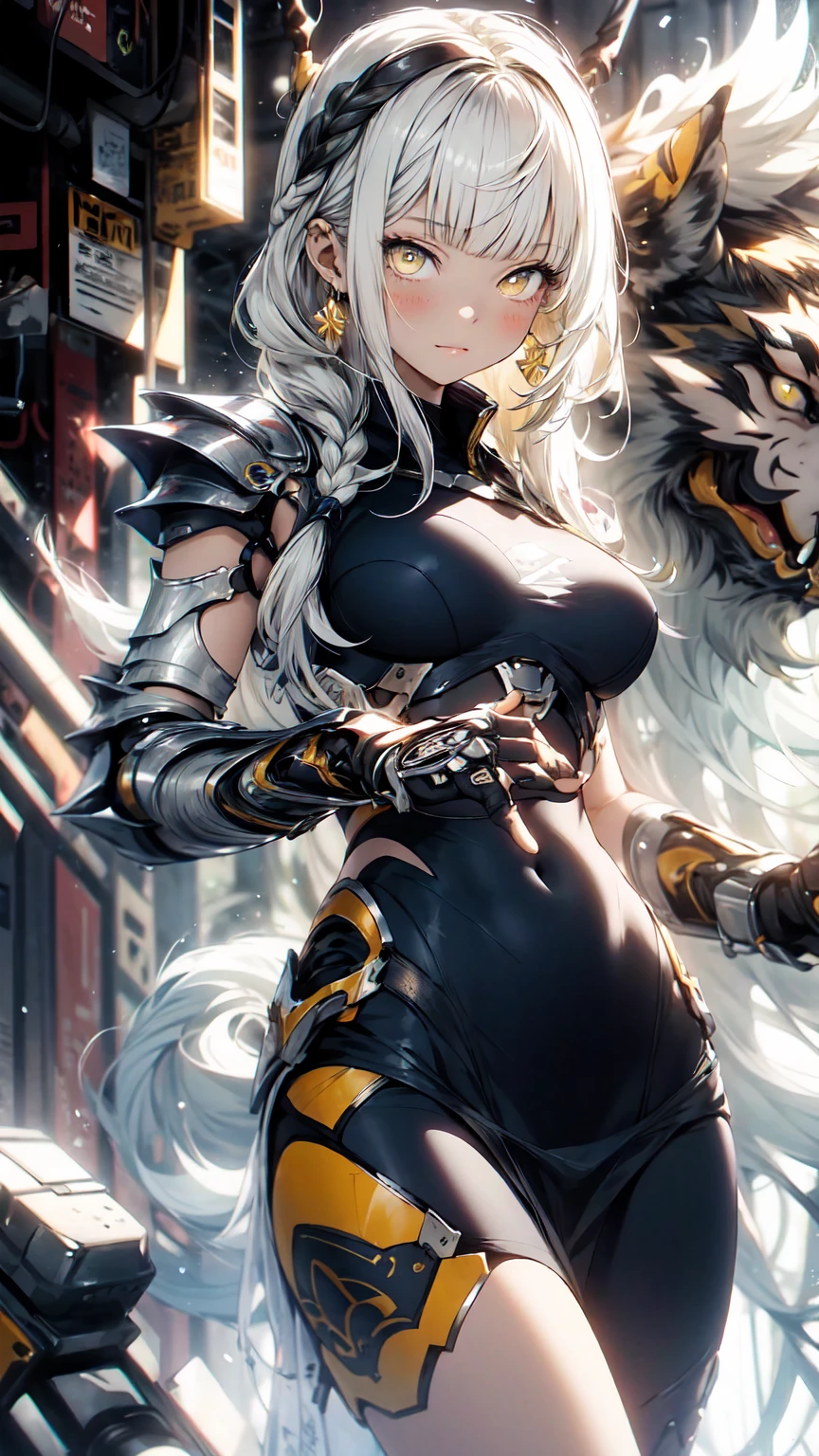 (best quality,4k,8k,highres,masterpiece:1.2),ultra-detailed,photorealistic:1.37,illustration, girl, piercings, silver ring, Monster Hunter, ponytail, Japanese, chubby1.7, curvy1.7, tall1.3, high-definition, super detailed, sharp focus,whole body,,