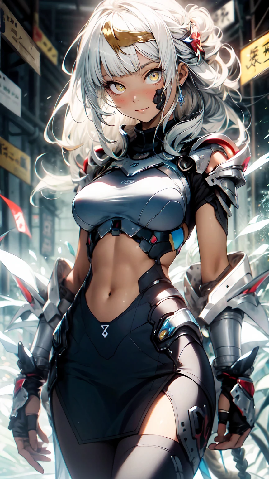 Be realistic,(masterpiece,Highest quality,Highest quality,Very detailed,Fractal Art,Most detailed,(Abstract background:1.5)(1 Girl),Kamimei,(Hair length),( puppet, Yellow Eyes, Pale skin, Yellow Hair, Long Hair, Blunt bangs, Braiding,Big Breasts、Toned Abs,Stunned)、crystallization,Swimsuit、Sexy、Machine Armor、Sunburned skin、(Black pencil skirt)