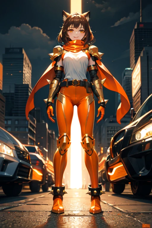 ((best quality)), ((masterpiece)), (detailed), 1 girl, full body, 20s, young adult, masked, eye mask, orange mask that covers half of her face, spiked mask, evil smile, metallic goblin ears, long white scarf, gremlin, yellow cat eyes, wavy brown hair with a lock, brown neck, somewhat short, very thin, hunched over, long metal claws, spikes on her forearms, brown details, brown fingerless gloves, orange wristbands, orange nanotech suit, light armor, orange chest with an emblem, high shoulder pads, orange suit with brown stripes, brown tiger stripes, triangle emblem on her chest, very small breasts, orange emblem, orange pants, orange knee pads, metallic orange boots, metallic orange shoes, brown superhero belt, standing on a building, city background, anime