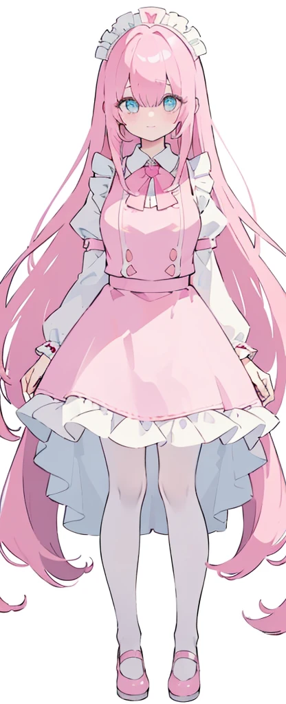 (((Long pinky Beautiful Hair))),pink hair,kawai,(((Eyes visible from bangs,hair over eyes:1.3))),,Huge breasts,(cyan color eyes),,(pink slanted eyes),1girl in,bangs,long CYAN hair, pantyhose,Cowboy Shot,white background,short hair,smiled,(wearing pink maid clothes), (maid dress type must have a perfect pink vest), Bangs should be long to the tip of the chin(((Standing pose facing to the right side free hand pose))), white background, Perfect arm fingers,,, 1 girl, ((The image must match the tag)) Bangs almost cover the eyes full body (The character's entire body from top to bottom is completely visible) (The character's entire body is visible from head to toe) wearing shiny pink shoes (full body image full body image) full body image full body image) white background, Long slim legs, Perfect pink maid outfit perfect pink vest perfect pink jabot