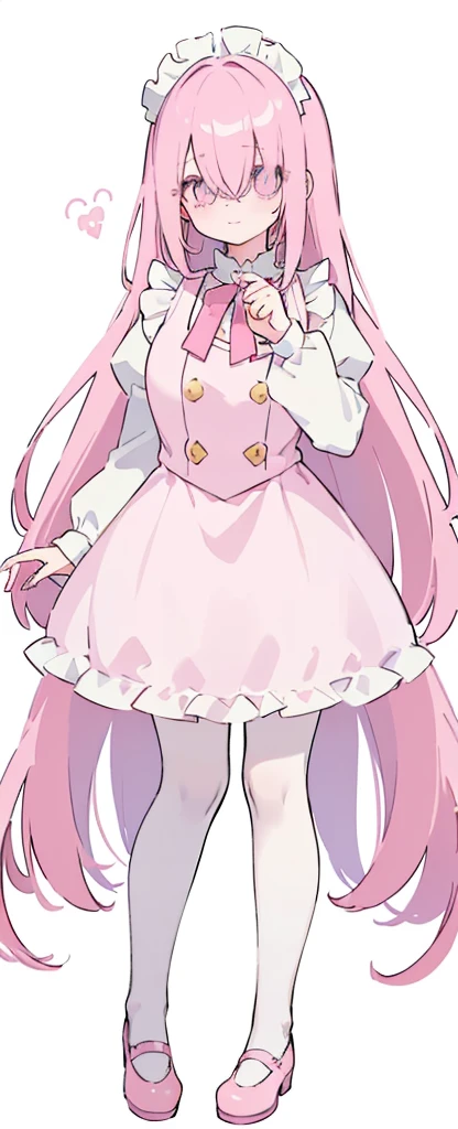 (((Long pinky Beautiful Hair))),pink hair,kawai,(((Eyes visible from bangs,hair over eyes:1.3))),,Huge breasts,(cyan color eyes),,(pink slanted eyes),1girl in,bangs,long CYAN  hair, pantyhose,Cowboy Shot,white background,short hair,smiled,(wearing pink maid clothes), (maid dress type must have a perfect pink vest), Bangs should be long to the tip of the chin(((Standing pose facing to the right side free hand pose))), white background, Perfect arm fingers,,, 1 girl, ((The image must match the tag)) Bangs almost cover the eyes full body (The character's entire body from top to bottom is completely visible) (The character's entire body is visible from head to toe) wearing shiny pink shoes (full body image full body image) full body image full body image) white background, Long slim legs, Perfect pink maid outfit perfect pink vest perfect pink jabot 