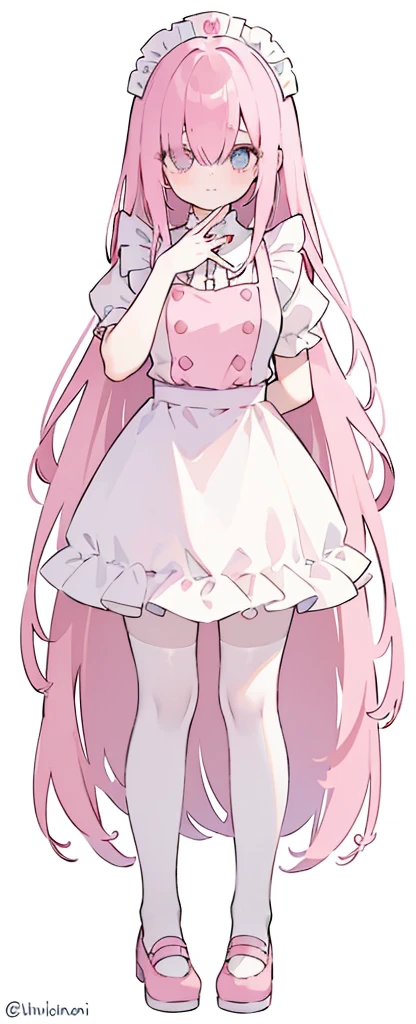 (((Long pinky Beautiful Hair))),pink hair,kawai,(((Eyes visible from bangs,hair over eyes:1.3))),,Huge breasts,(cyan color eyes),,(pink slanted eyes),1girl in,bangs,long CYAN hair, pantyhose,Cowboy Shot,white background,short hair,smiled,(wearing pink maid clothes), (maid dress type must have a perfect pink vest), Bangs should be long to the tip of the chin(((Standing pose facing to the right side free hand pose))), white background, Perfect arm fingers,,, 1 girl, ((The image must match the tag)) Bangs almost cover the eyes full body (The character's entire body from top to bottom is completely visible) (The character's entire body is visible from head to toe) wearing shiny pink shoes (full body image full body image) full body image full body image) white background, Long slim legs, Perfect pink maid outfit perfect pink vest perfect pink jabot