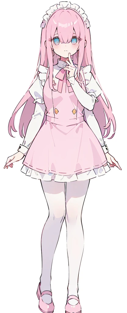 (((Long pinky Beautiful Hair))),pink hair,kawai,(((Eyes visible from bangs,hair over eyes:1.3))),,Huge breasts,(cyan color eyes),,(pink slanted eyes),1girl in,bangs,long CYAN hair, pantyhose,Cowboy Shot,white background,short hair,smiled,(wearing pink maid clothes), (maid dress type must have a perfect pink vest), Bangs should be long to the tip of the chin(((Standing pose facing to the right side free hand pose))), white background, Perfect arm fingers,,, 1 girl, ((The image must match the tag)) Bangs almost cover the eyes full body (The character's entire body from top to bottom is completely visible) (The character's entire body is visible from head to toe) wearing shiny pink shoes (full body image full body image) full body image full body image) white background, Long slim legs, Perfect pink maid outfit perfect pink vest perfect pink jabot