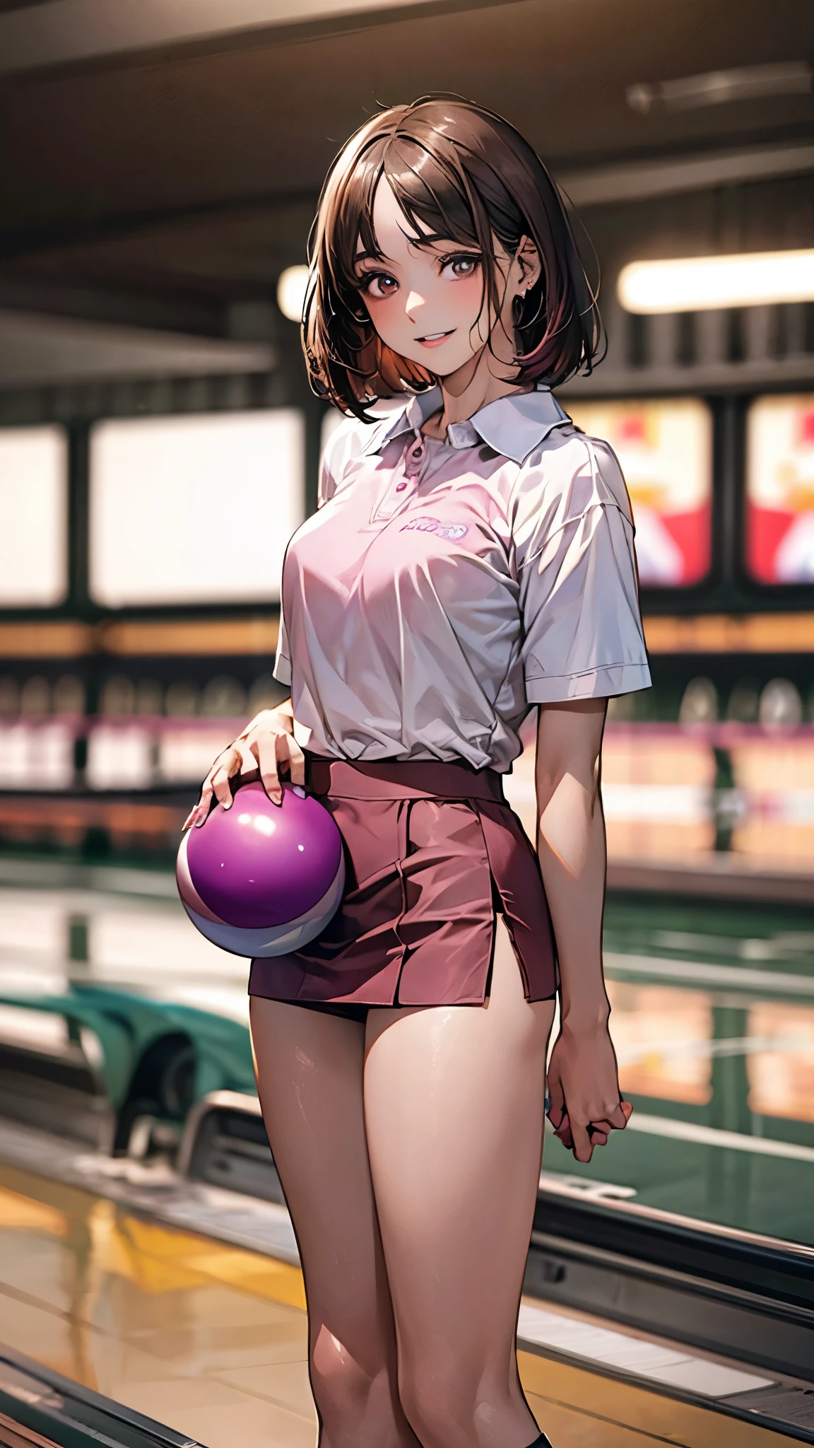 (masterpiece:1.2, top-quality), (realistic, photorealistic:1.4), beautiful illustration, (natural side lighting, movie lighting), nsfw,
beautiful detailed hair, beautiful detailed face, beautiful detailed eyes, beautiful clavicle, beautiful body, beautiful chest, beautiful thigh, beautiful legs, beautiful hands,
looking at viewer, 1 girl, , professional bowler, perfect face, cute and symmetrical face, shiny skin,
(short hair, bob hair, brown hair), bangs, gray eyes, , big eyes, long eye lasher, (medium breasts), (small ass, thin thighs), slender, outstanding style,
(detailed cloth texture, bowling uniform polo shirt(pink), short skirt(black), training shoes), finest underwear,
(beautiful scenery), (bowling alley), (bowling ball in hand), ((pose while throwing)), (smile, parted lips),