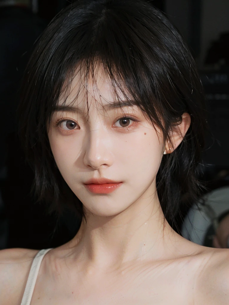 1 girl，short hair,A faint smile,serene, calm,Suspenders，Moles under the eyes,Exquisite eyes, Delicate face,Lipstick,earrings,Hair details, (Large Breasts:0.9),outdoor,background,城市background，(Skin details:1.4),(Realistic and detailed eyes：1.2）, Natural skin texture, Realistic facial details,Close-up of face,Portrait Photography,(Portrait Photography:1.1), (smooth skin textures:1.3), (Highest quality real skin textures:1.4), Direct vision,Soft dramatic lighting, Vivid details, 35 mm film, (Photo Practical:1.4), (hyper Practical:1.4), (Practical:1.3), (Smoother lighting:1.05), (Improve lighting quality:0.9), (Enhance the beauty of skin texture:1.1), Depth of Field, Bokeh, Surrealism, Ray Tracing, ( Surrealism, High Detail, Chiaroscuro, Ray Tracing, reflected light, Ultra HD, Ultra HD, masterpiece, Textured Skin, Super Detail, High Detail, high quality, best quality
