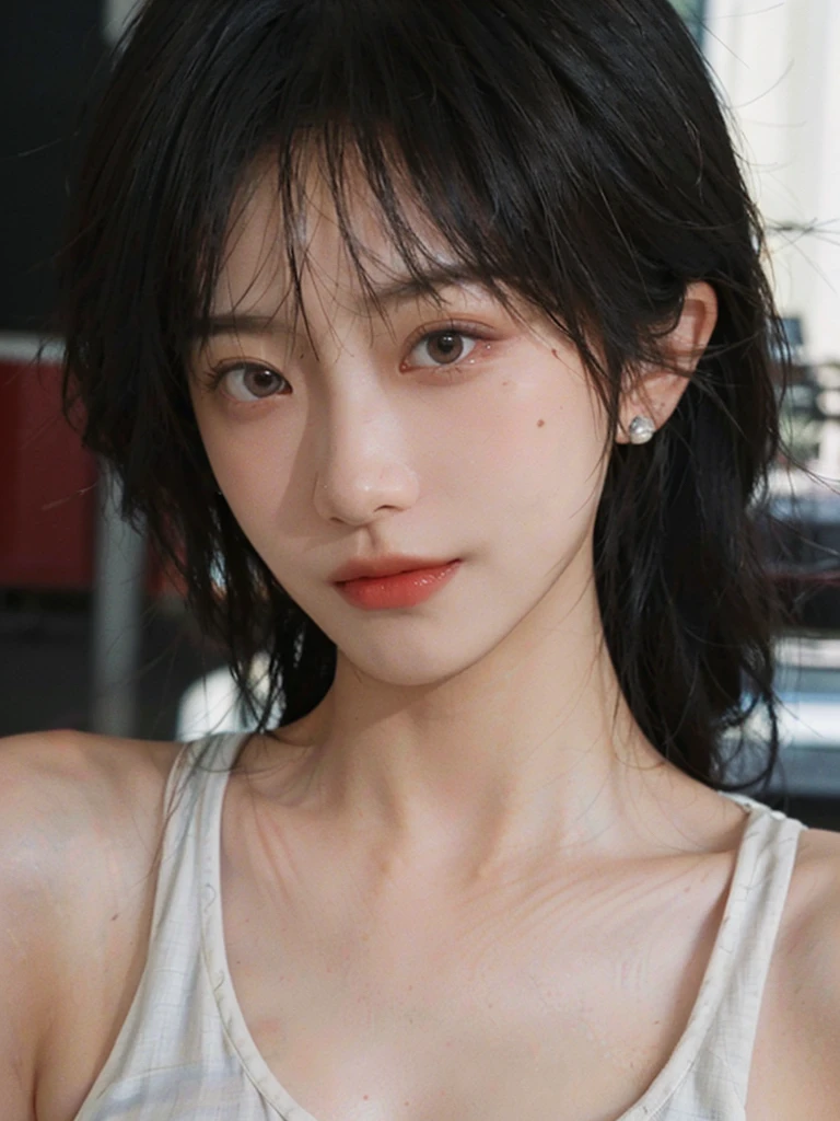 1 girl，short hair,A faint smile,serene, calm,Suspenders，Moles under the eyes,Exquisite eyes, Delicate face,Lipstick,earrings,Hair details, (Large Breasts:0.9),outdoor,background,城市background，(Skin details:1.4),(Realistic and detailed eyes：1.2）, Natural skin texture, Realistic facial details,Close-up of face,Portrait Photography,(Portrait Photography:1.1), (smooth skin textures:1.3), (Highest quality real skin textures:1.4), Direct vision,Soft dramatic lighting, Vivid details, 35 mm film, (Photo Practical:1.4), (hyper Practical:1.4), (Practical:1.3), (Smoother lighting:1.05), (Improve lighting quality:0.9), (Enhance the beauty of skin texture:1.1), Depth of Field, Bokeh, Surrealism, Ray Tracing, ( Surrealism, High Detail, Chiaroscuro, Ray Tracing, reflected light, Ultra HD, Ultra HD, masterpiece, Textured Skin, Super Detail, High Detail, high quality, best quality