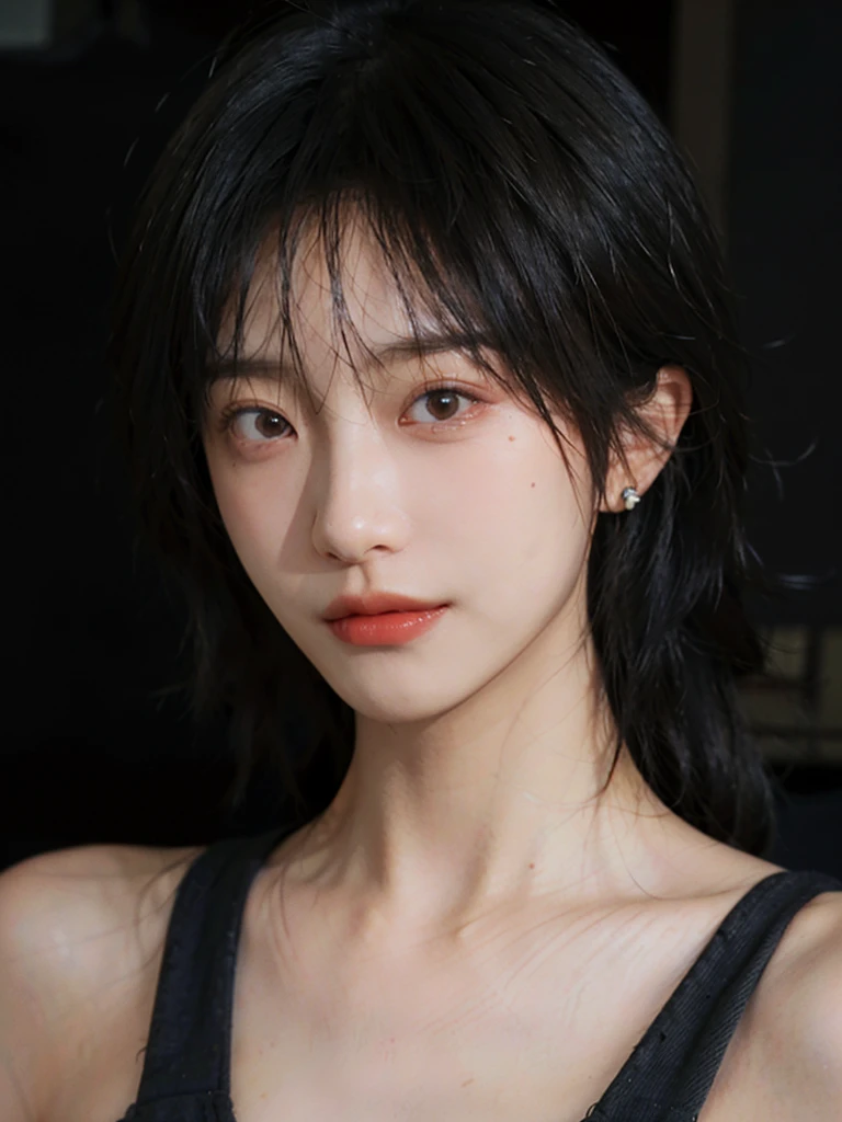 1 girl,short hair,A faint smile,serene, calm,Suspenders,Moles under the eyes,Exquisite eyes, Delicate face,Lipstick,earrings,Hair details, (Large Breasts:0.9),outdoor,background,城市background,(Skin details:1.4),(Realistic and detailed eyes:1.2), Natural skin texture, Realistic facial details,Close-up of face,Portrait Photography,(Portrait Photography:1.1), (smooth skin textures:1.3), (Highest quality real skin textures:1.4), Direct vision,Soft dramatic lighting, Vivid details, 35 mm film, (Photo Practical:1.4), (hyper Practical:1.4), (Practical:1.3), (Smoother lighting:1.05), (Improve lighting quality:0.9), (Enhance the beauty of skin texture:1.1), Depth of Field, Bokeh, Surrealism, Ray Tracing, ( Surrealism, High Detail, Chiaroscuro, Ray Tracing, reflected light, Ultra HD, Ultra HD, masterpiece, Textured Skin, Super Detail, High Detail, high quality, best quality