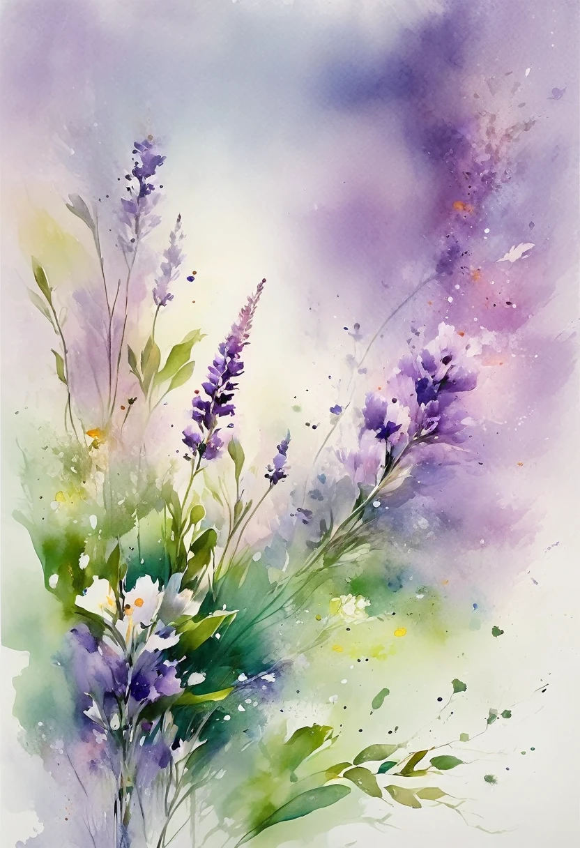 This watercolor flower painting、Shows elegant and fresh visual effects。Wildflowers and lavender fields，The perfect combination of nature and romance。The screen is dominated by a white background，Highlighted watercolor flowers isolated。Ink rendering，Splash technology recreates wet conditions，The atmosphere is hazy and dreamy.。The unique composition and abstract expression enhance the artistic atmosphere of the painting.。，Contains elements of surrealism。The overall color scheme is mainly light tones.，Lilac and green go together beautifully，View high resolution details。With ink splash effect、Adds lightness to your photos。，The pale colours give the flowers depth and understated beauty..。