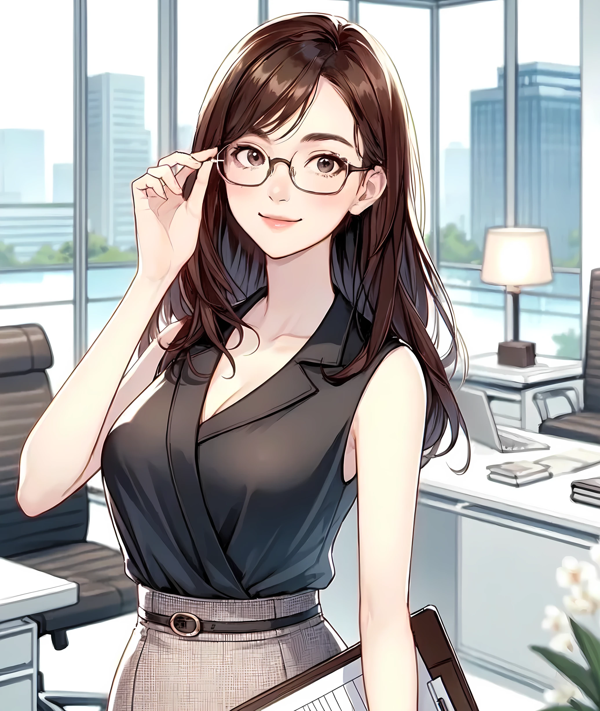 1lady standing, (touching edge of glasses with fingertips), secretary, (office casual) sleeveless, stylish outfit, (pencil skirt), (mature female:0.8), /(brown hair/) bangs, blush kind smile, (round glasses:1.1) eyewear, (masterpiece best quality:1.2) delicate illustration ultra-detailed, large breasts, (holding clipboard) BREAK (executive office) indoors, office, detailed background