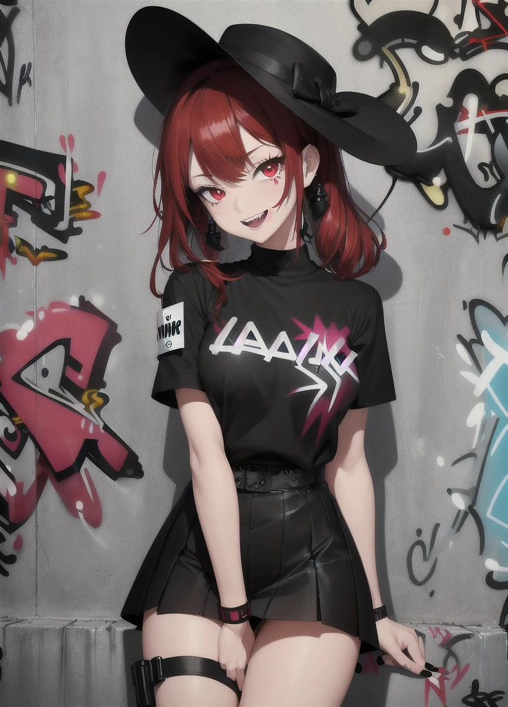masterpiece, best quality, 1lady, solo, black hanting hat, black shirt, black mini skirt,black boots, (graffiti:1.5), paint splatter, arms behind back, against wall, looking at viewer, armband, thigh strap, paint on body, head tilt, bored, red and multicolored hair, red eyes,laughing.
