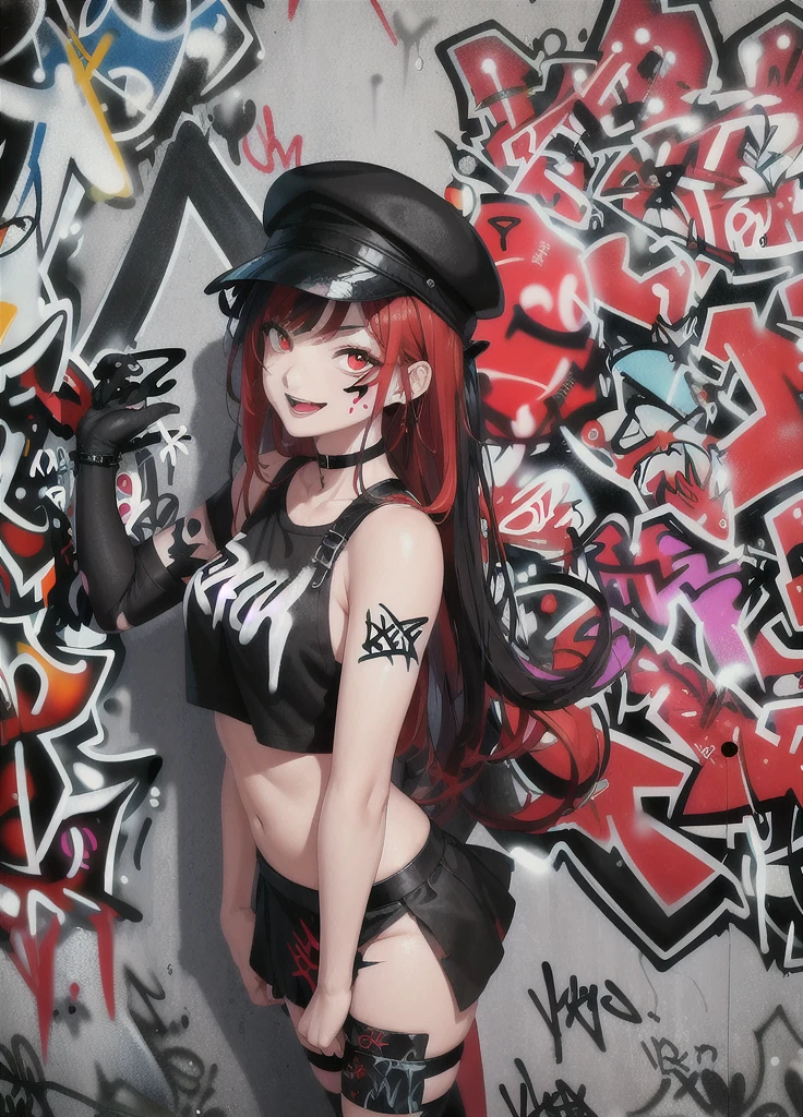 masterpiece, best quality, 1lady, solo, black hanting hat, black shirt, black mini skirt,black boots, (graffiti:1.5), paint splatter, arms behind back, against wall, looking at viewer, armband, thigh strap, paint on body, head tilt, bored, red and multicolored hair, red eyes,laughing.