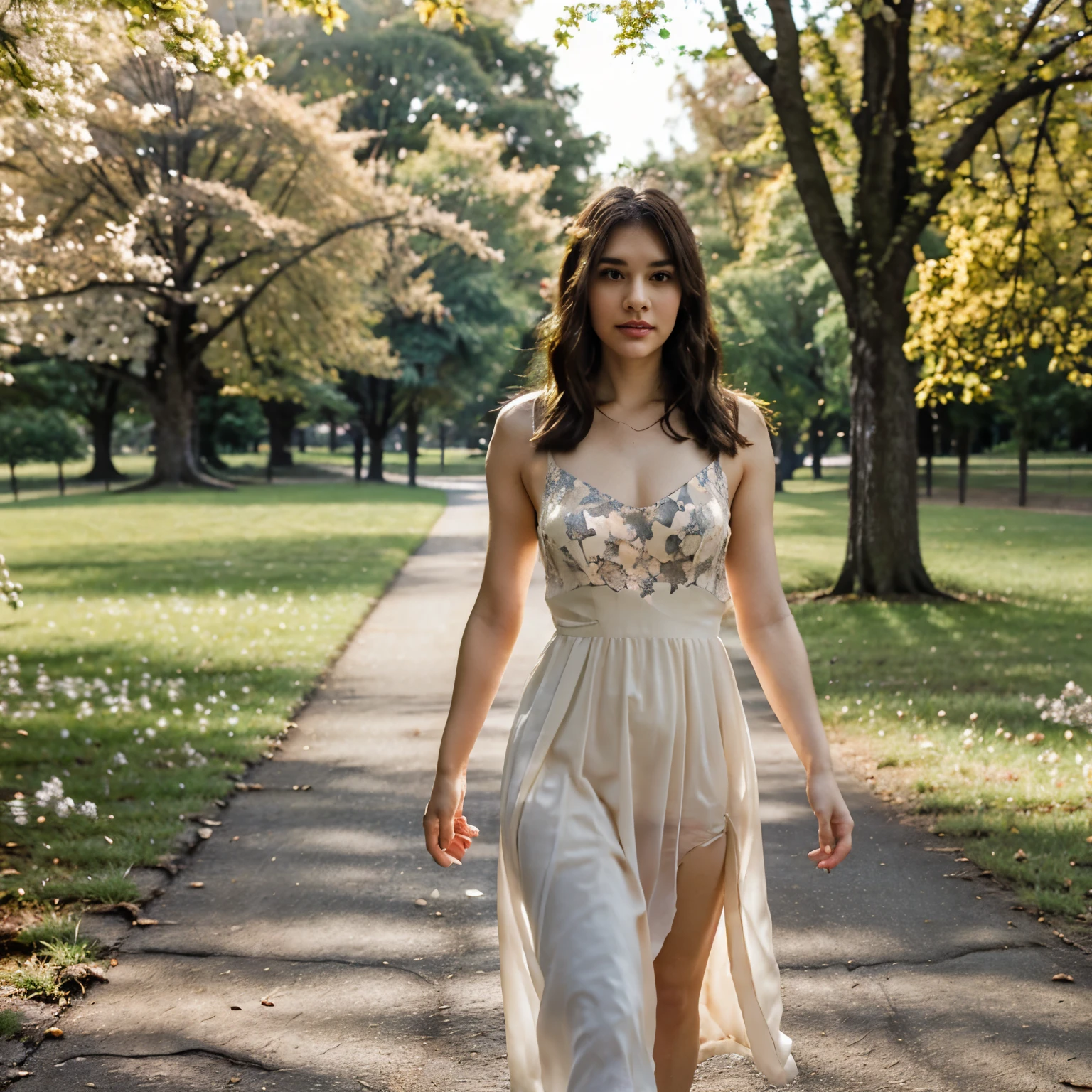 Beautiful young woman in a light delicate dress. Walking in the park. spring, the first leaves and flowers are visible on the trees. Soft dim light: golden twilight.