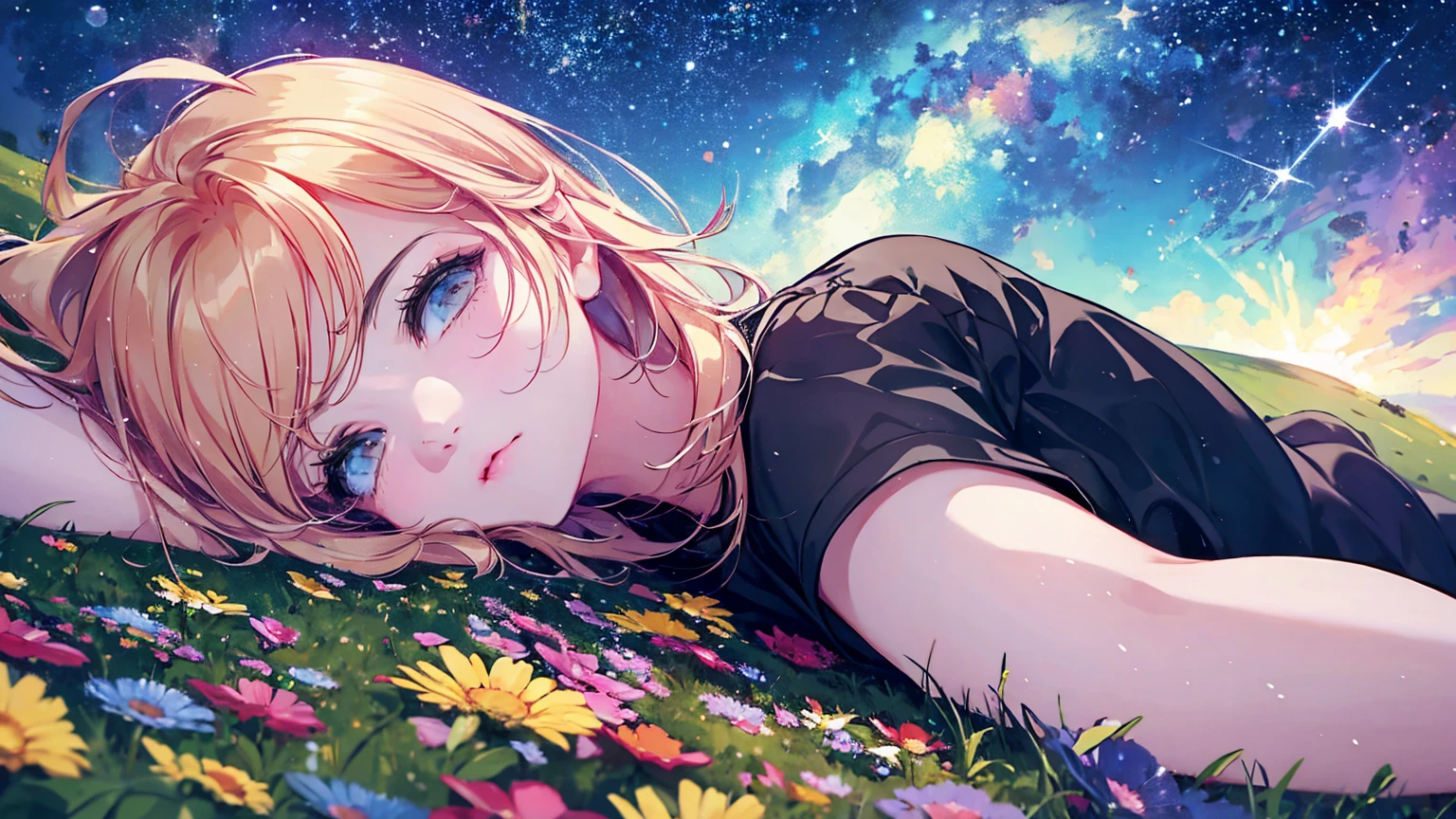 Describe a scene where a cute girl character is lying on a grassy hill, Looking up at the starry sky. Surround her with colorful nebulae and her favorite constellations.