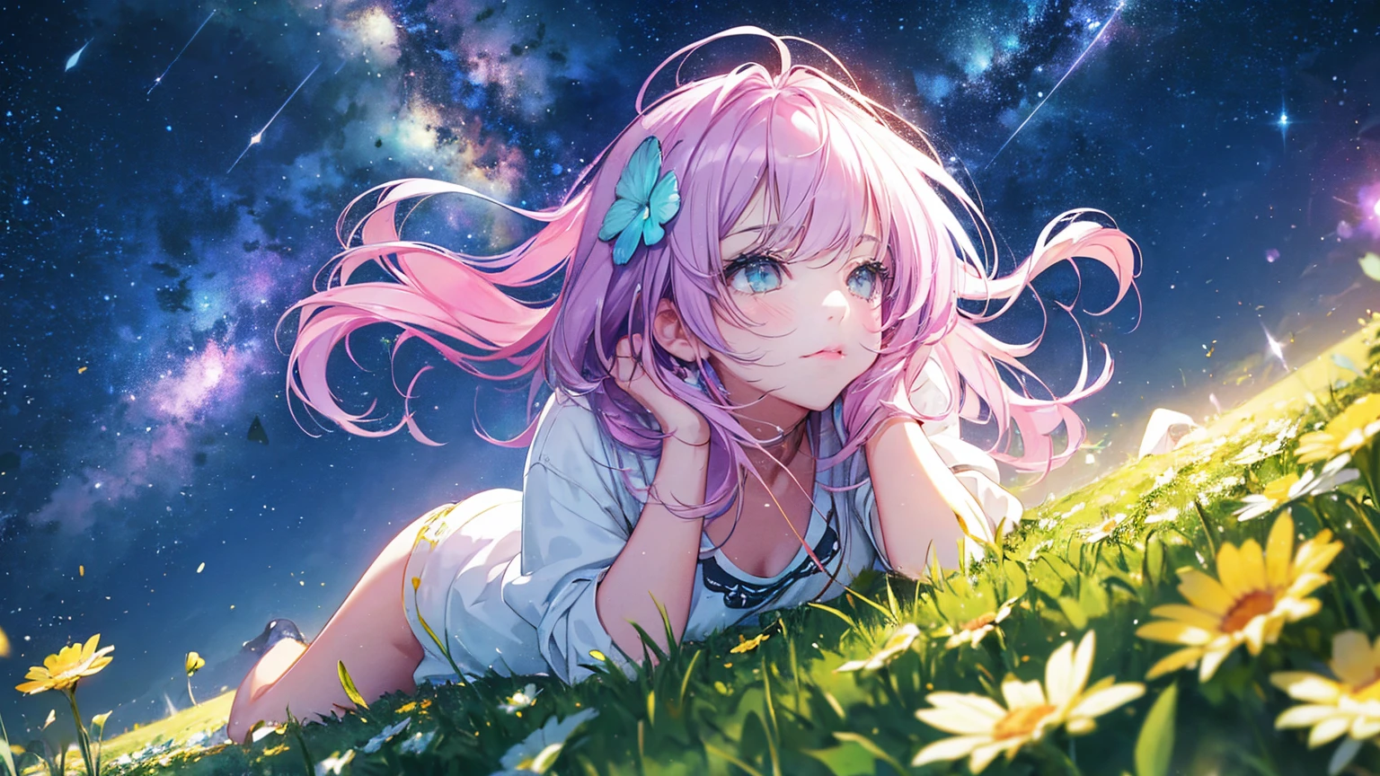 Describe a scene where a cute girl character is lying on a grassy hill, Looking up at the starry sky. Surround her with colorful nebulae and her favorite constellations.