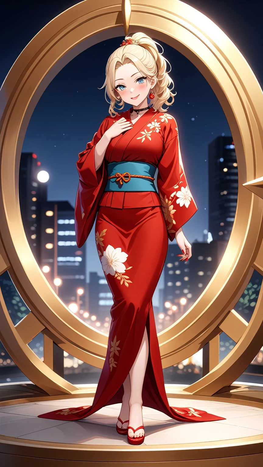 ((One personの女性)), Beautiful Face, White skin, (seductive smile:1.4), (naughty face:1.2), ((Doing sexy poses:1.1)), ((Wink:1.9)), ((head tilt:1.6)), Laughing with your mouth open, upper teeth, ((full-face blush:1.5)), looking at viewer, Glossy Red Lips, (Shining Face), ((anime colored)), ((Anime style background)) , night, Observatory, Festival decorations, firework, ,masterpiece, Highest quality, so beautiful,up to date, Complex details, (Pink long nails),(ring),(bracelet),(choker),AI-generated, Complex,High resolution, Highest quality, super high quality,3D Images、3D Images, (full body:1.3), One person,Long blonde hair,ponytail, wavy hair ,写真のポーズをとるAnime Women, ((Fine grain、Eyes with little blue pigment、Shining Eyes:1.1)), (Squint your eyes:1.1),a hyperRealistic , hyperRealistic , Realistic,Anime Women, Smooth anime CG art, ((A woman in a gorgeous kimono embroidered with gold)), ((Red long sleeve kimono:1.3)),((white floral pattern:1.3)), Long flower hair ornament,Earrings,Mature Body,(Big Breasts:1.1),Tall,Abdominal muscles,Tight waist,(full body:1.3), ((front view)),