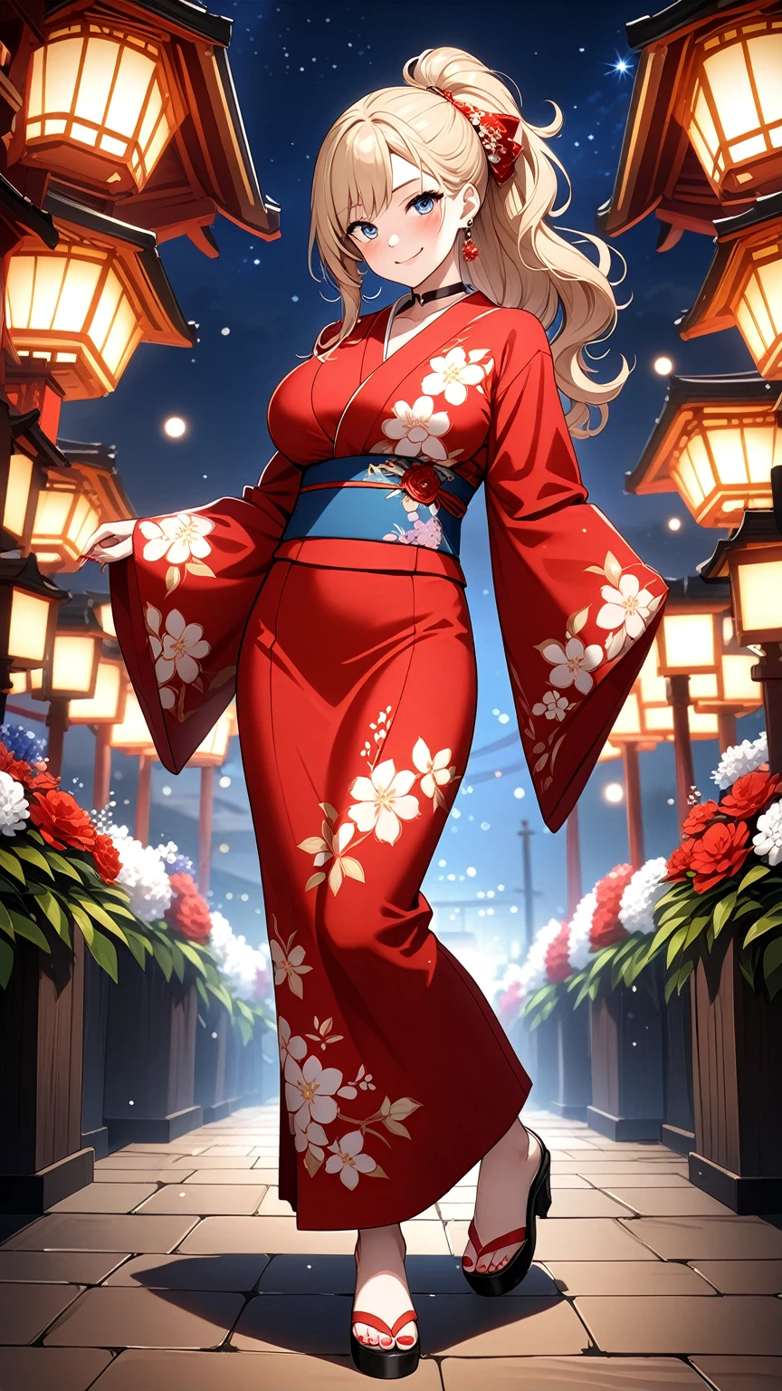 ((One personの女性)), Beautiful Face, White skin, (seductive smile:1.4), (naughty face:1.2), ((Doing sexy poses:1.1)), ((Wink:1.9)), ((head tilt:1.6)), Laughing with your mouth open, upper teeth, ((full-face blush:1.5)), looking at viewer, Glossy Red Lips, (Shining Face), ((anime colored)), ((Anime style background)) , night, Observatory, Festival decorations, firework, ,masterpiece, Highest quality, so beautiful,up to date, Complex details, (Pink long nails),(ring),(bracelet),(choker),AI-generated, Complex,High resolution, Highest quality, super high quality,3D Images、3D Images, (full body:1.3), One person,Long blonde hair,ponytail, wavy hair ,写真のポーズをとるAnime Women, ((Fine grain、Eyes with little blue pigment、Shining Eyes:1.1)), (Squint your eyes:1.1),a hyperRealistic , hyperRealistic , Realistic,Anime Women, Smooth anime CG art, ((A woman in a gorgeous kimono embroidered with gold)), ((Red long sleeve kimono:1.3)),((white floral pattern:1.3)), Long flower hair ornament,Earrings,Mature Body,(Big Breasts:1.1),Tall,Abdominal muscles,Tight waist,(full body:1.3), ((front view)),