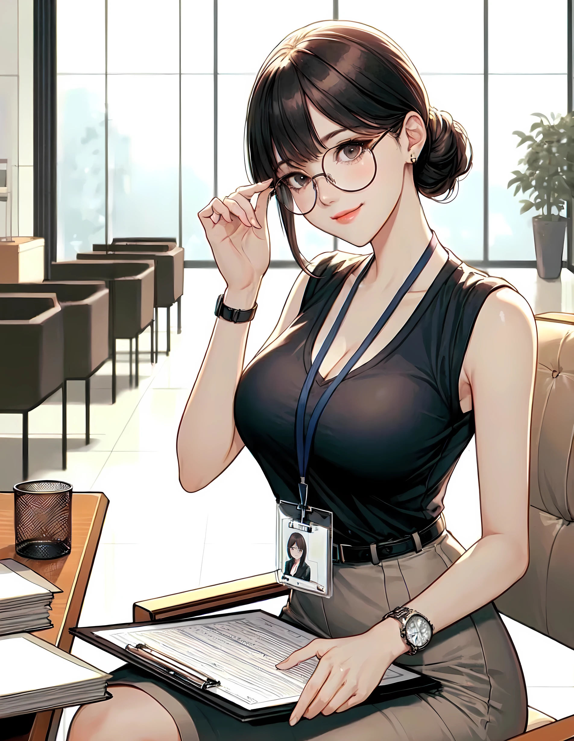 1lady sitting, (touching edge of glasses with fingertips), secretary, (office casual) sleeveless, stylish outfit, (pencil skirt), (id card) lanyard, (mature female:0.8), /(dark brown hair/) bangs, kind smile, (round glasses:1.1) eyewear, (masterpiece best quality:1.2) delicate illustration ultra-detailed, large breasts, (holding clipboard) BREAK (executive office) indoors, office, detailed background