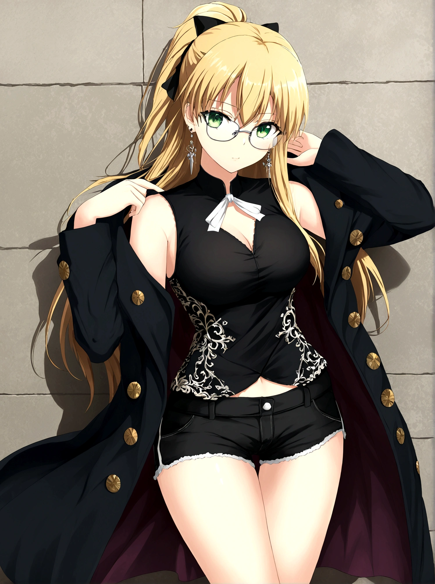 artoria pendragon, Type-Moon, fate/ stay night,floating，comiccore，filigree quasar，super realistic，super detailed wallpaper，8K，Aho，Green eyes，Royal sister，Long blond hair，Wearing silver glasses，Black vest，Delicate and small earrings，Black coat，Exposing belly，Wearing black silk，Long legs，Black shorts，Black high heels，On the Street，Dynamic Angle，Dynamic poses，Best picture quality，Original，high quality， --ar 9:16 --q 5 --niji 5