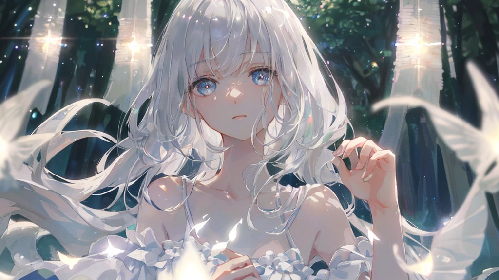 masterpiece, highest quality, female figure, white shiny eyes and hair, white nightgown, cute, (dynamic lighting:1.2), cinematic lighting, delicate features, fine eyes, sharp pupils, realistic student, Depth of bounds written, Bokeh, sharp focus, (very detailed, bloom, shine:1.4), mystical, lake and trees in background, mystic, glowy, dark, gloomy, silver butterflies