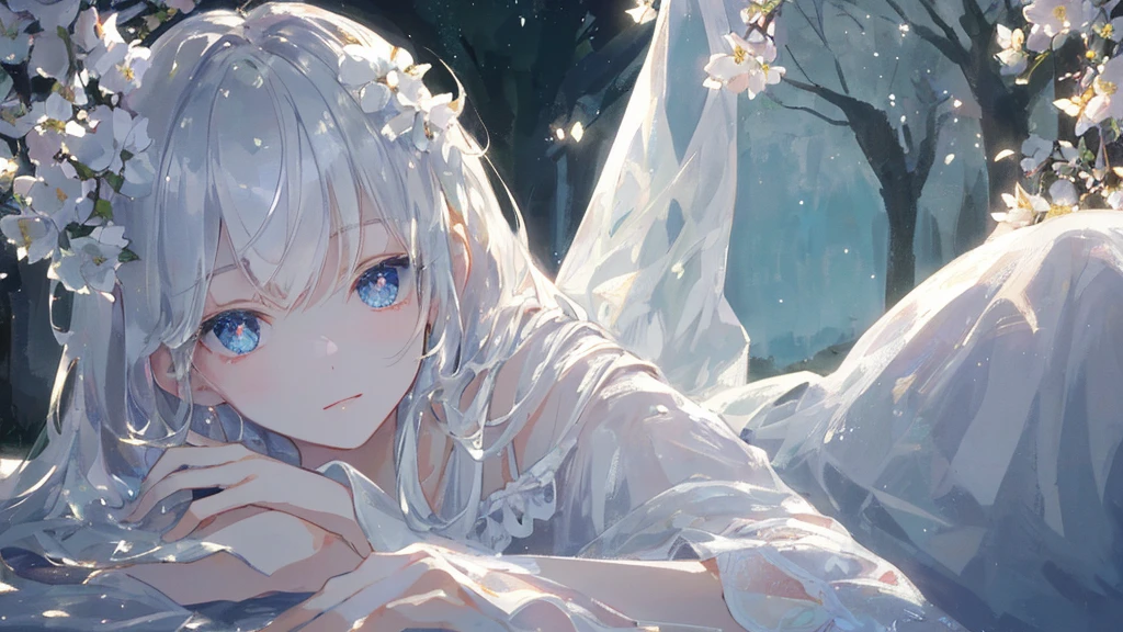 masterpiece, highest quality, female figure, white shiny eyes and hair, white nightgown, cute, (dynamic lighting:1.2), cinematic lighting, delicate features, fine eyes, sharp pupils, realistic student, Depth of bounds written, Bokeh, sharp focus, (very detailed, bloom, shine:1.4), mystical, lake and trees in background, mystic, glowy, dark, gloomy, silver butterflies
