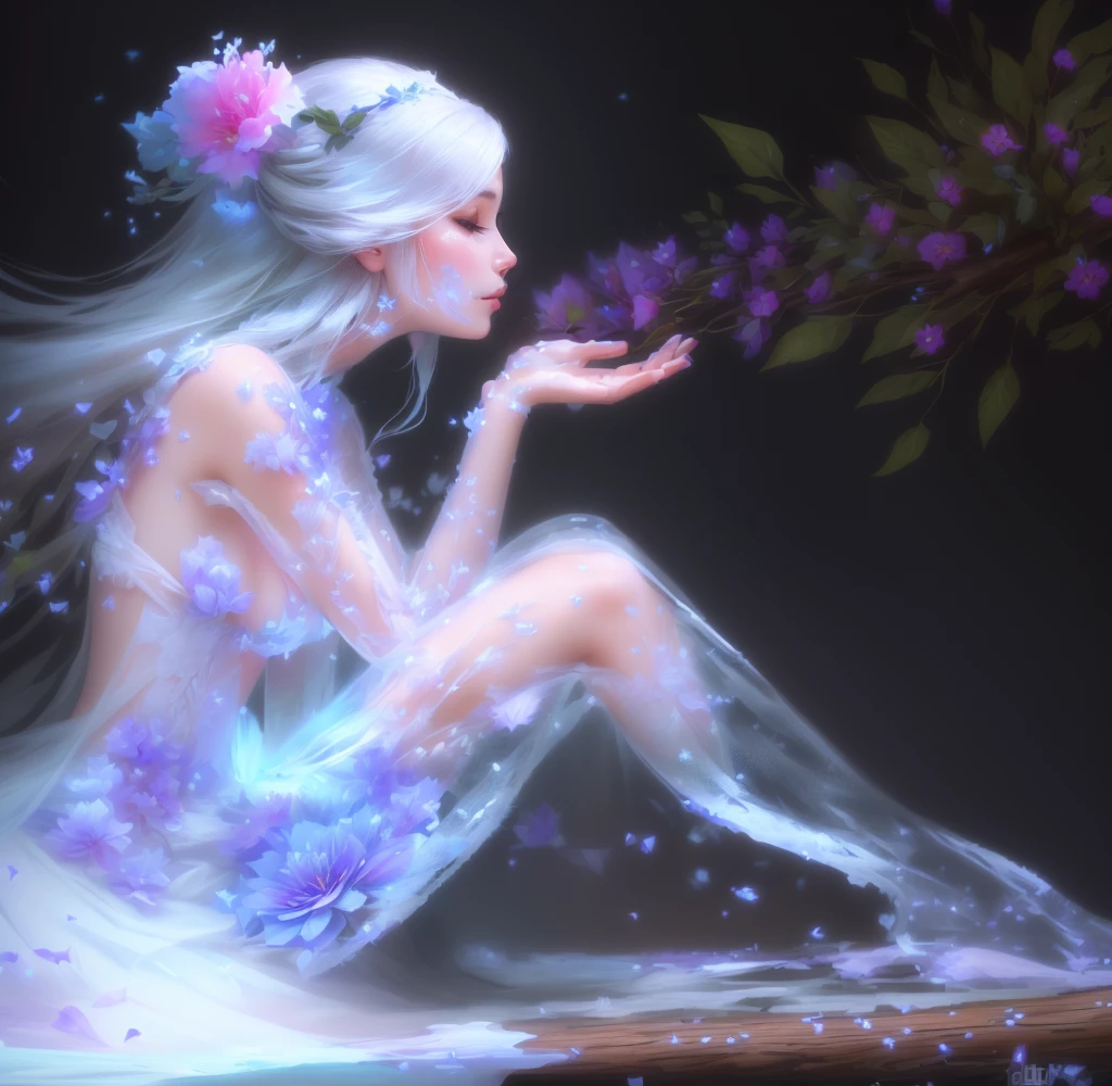 a close up of a lady sitting on a log with flowers in their hair, mother nature, enchanted with nature spirit, flowers grow from the body, beautiful digital art, beautiful digital artwork, very beautiful digital art, digital art picture, beautiful gorgeous digital art, gorgeous digital art, with frozen flowers around her, transparent glass woman, beautiful!!! digital art, digital art fantasy