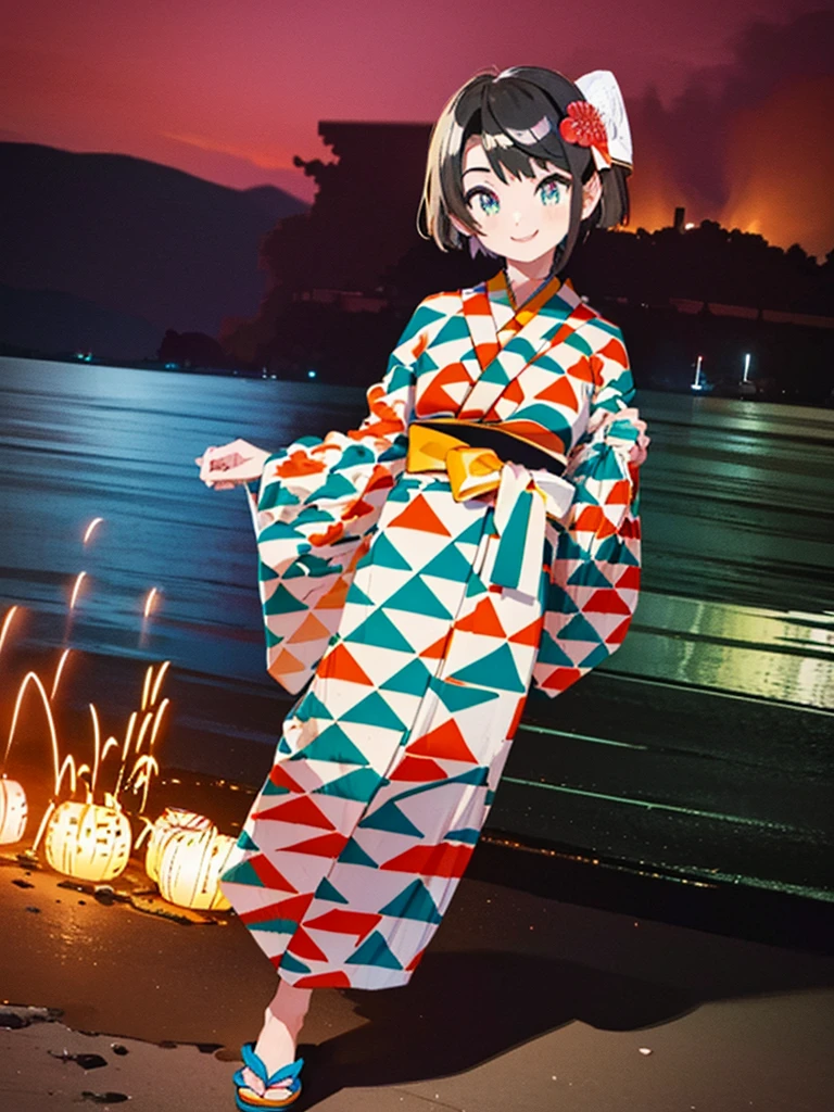 (masterpiece, Highest quality, Super detailed),One girl,((super fine illustration)),((cute eyes,highly detailed skin)),((smile)),((well endowed,Blessed,Captivating body、Detailed Background))、(yukata:1.5),firework,(大量のfirework,Night view,Ocean)、Festivals, (full body)