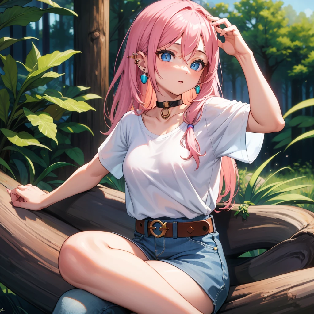 (((highest quallity))), 1 girl, alone, in a dense forest, sitting on a log, social white t-shirt, jeans,face detailed, Thin arms,ideal female body, gazing at viewer, long pink hair, blue colored eyes, glad, nblurry background,(((medium breasts: 1.2))), choker, waist belt,small and detailed nose, earrings on the ears, piercing no nariz