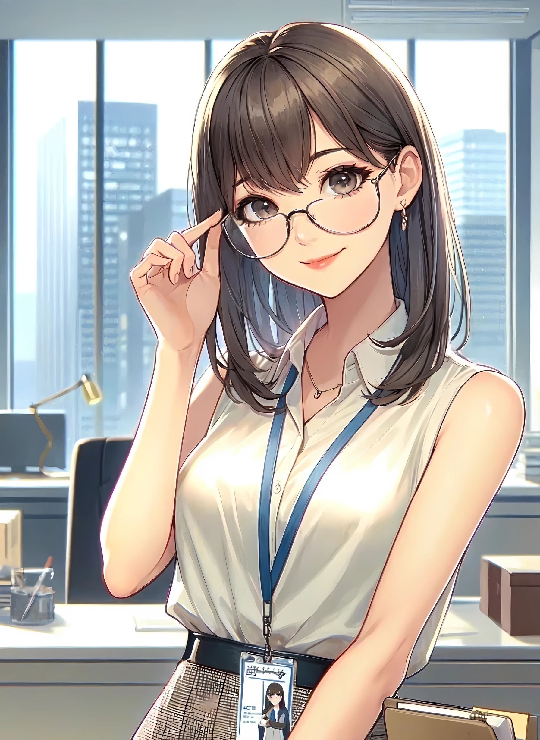 1lady standing, (touching edge of glasses with fingertips), secretary, (office casual) sleeveless, stylish outfit, (pencil skirt), (id card) lanyard, (mature female:0.8), /(gray brown hair/) bangs, kind smile, (under-rim glasses:1.1) eyewear, (masterpiece best quality:1.2) delicate illustration ultra-detailed, large breasts, (holding clipboard) BREAK (executive office) indoors, office, detailed background