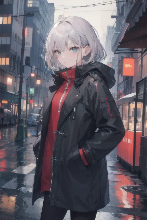 One girl,City of night,rain,coat,Put your hands in your pockets,Gray Hair