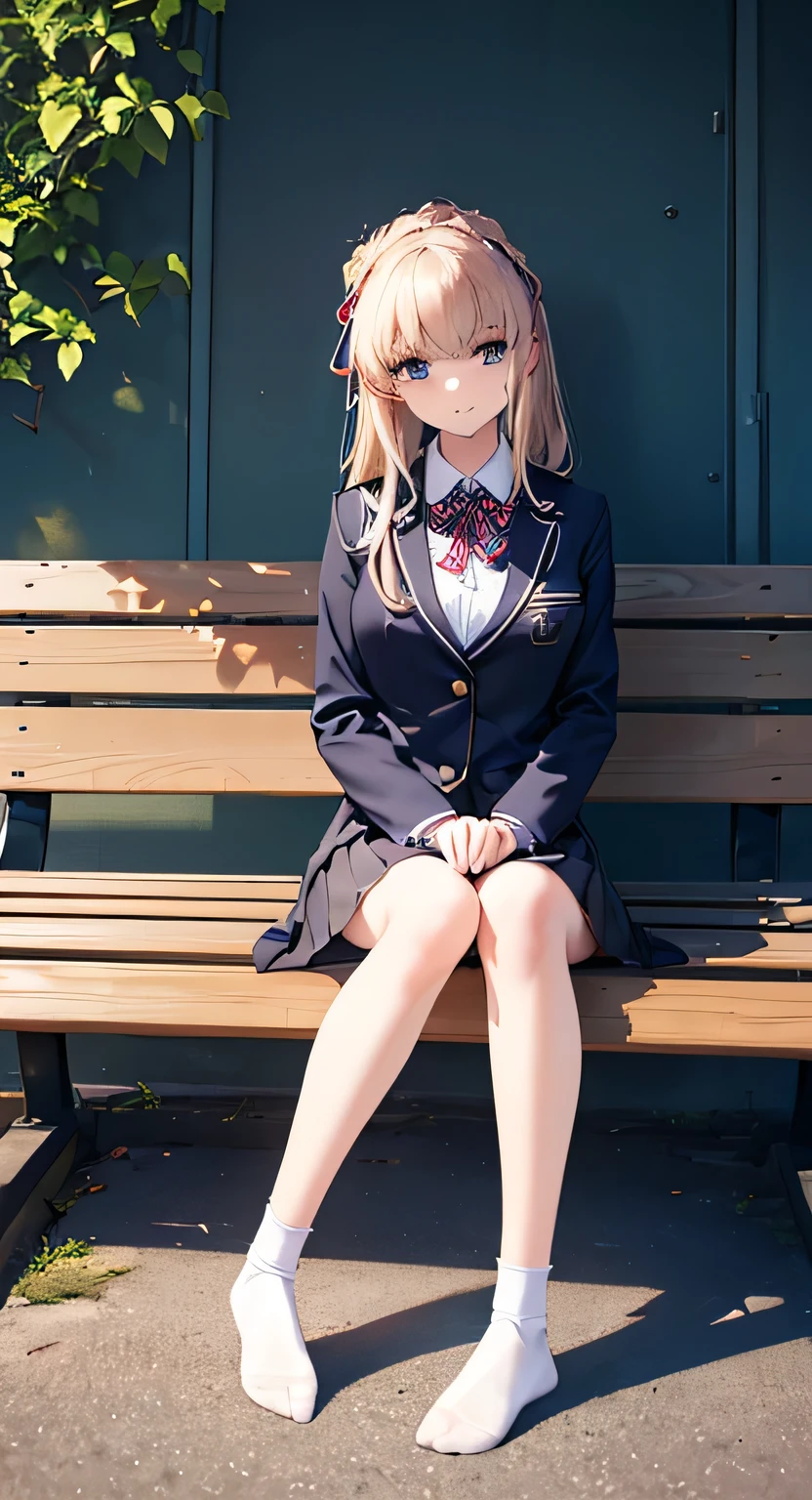 high quality, masterpiece, High resolution, (Head to Toe full body), front, frontComposition from slightly below, Symmetric, Tall 18 year old girl, alone, (Head to Toe), (Small breasts), socks、, (Sit with your legs apart), (Crouching pose), ( (Sit on a bench with your legs spread), (M-shaped feet), Thin legs, Very beautiful tall 18 year old girl, (靴は履いてません), smile、 Looking into the camera, blazer uniform, Checkered Pleated Skirt
