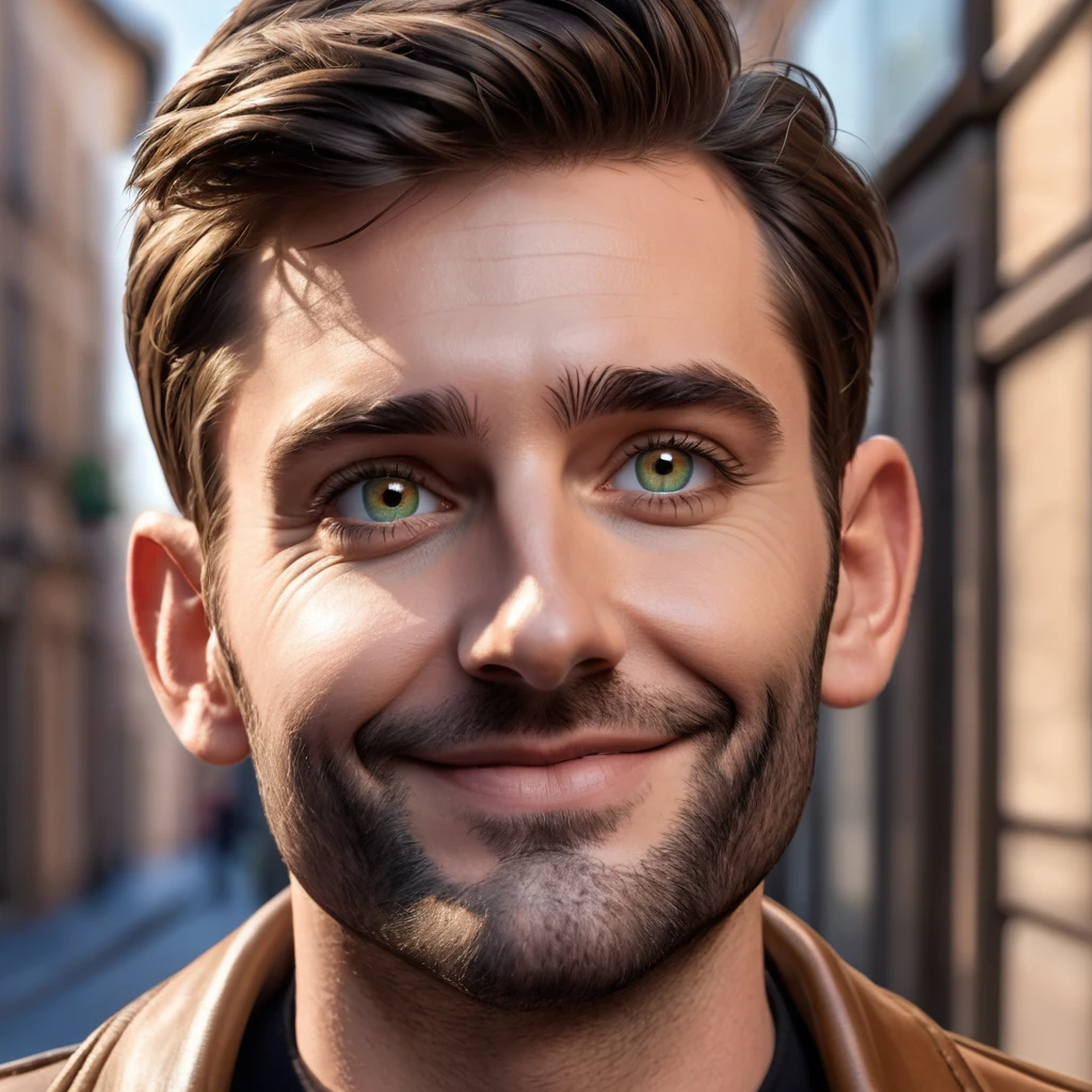 Une caricature réaliste en 3D de style dessin animé représentant un homme au visage rond, une mâchoire carrée, épais sourcils noirs, yeux verts, un nez petit et légèrement pointu, et des lèvres fines avec une bouche légèrement ouverte. Il porte une veste en cuir marron, un col roulé noir. L'homme est debout, les mains derrière le dos, avec une expression neutre et un léger sourire. l'arrière-plan est en ville sous la neige, arrière plan assez flou, indiquant un réglage de nuit avec des lumières bokeh. faire un corps plein