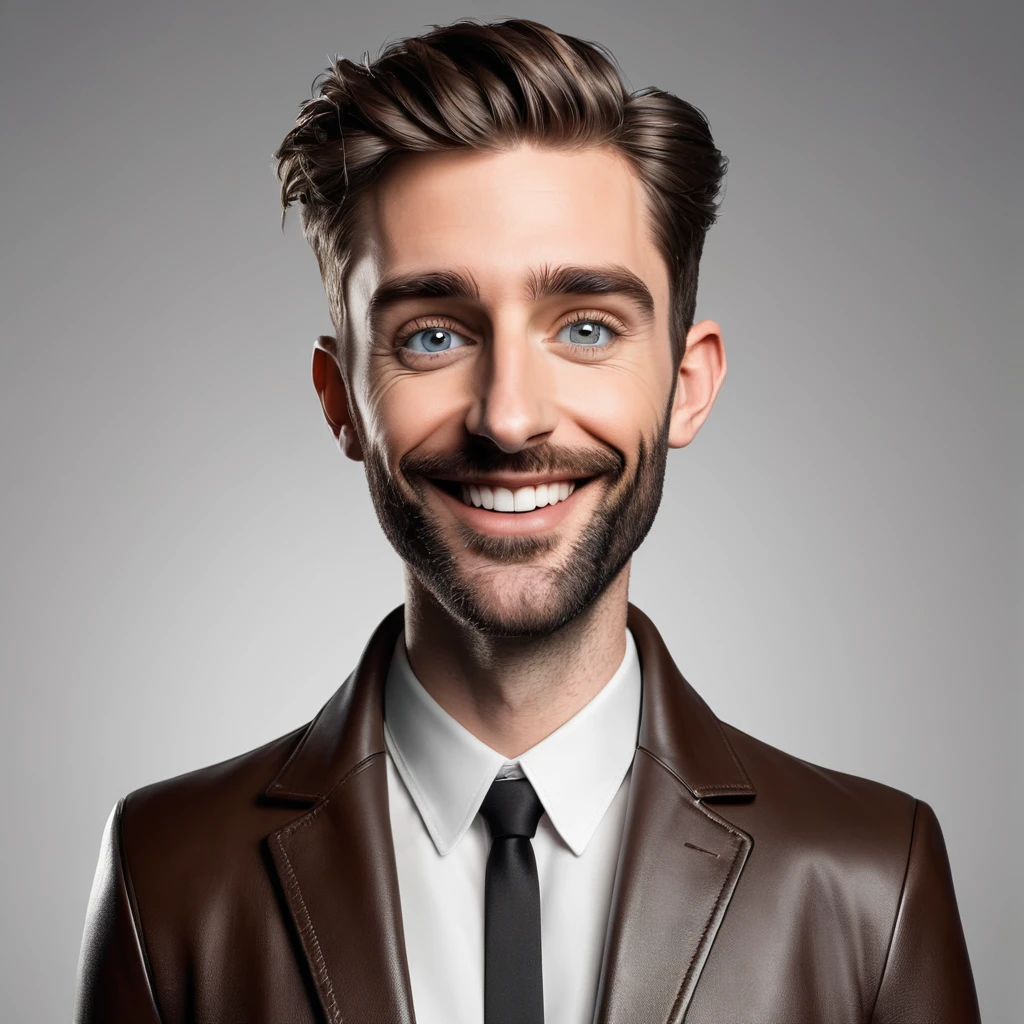 Une caricature réaliste en 3D de style dessin animé représentant un homme au visage rond, une mâchoire carrée, épais sourcils noirs, yeux verts, un nez petit et légèrement pointu, et des lèvres fines avec une bouche légèrement ouverte. Il porte une veste en cuir marron, un col roulé noir. L'homme est debout, les mains derrière le dos, avec une expression neutre et un léger sourire. l&#39;arrière-plan est en ville sous la neige, arrière plan assez flou, indiquant un réglage de nuit avec des lumières bokeh. faire un corps plein