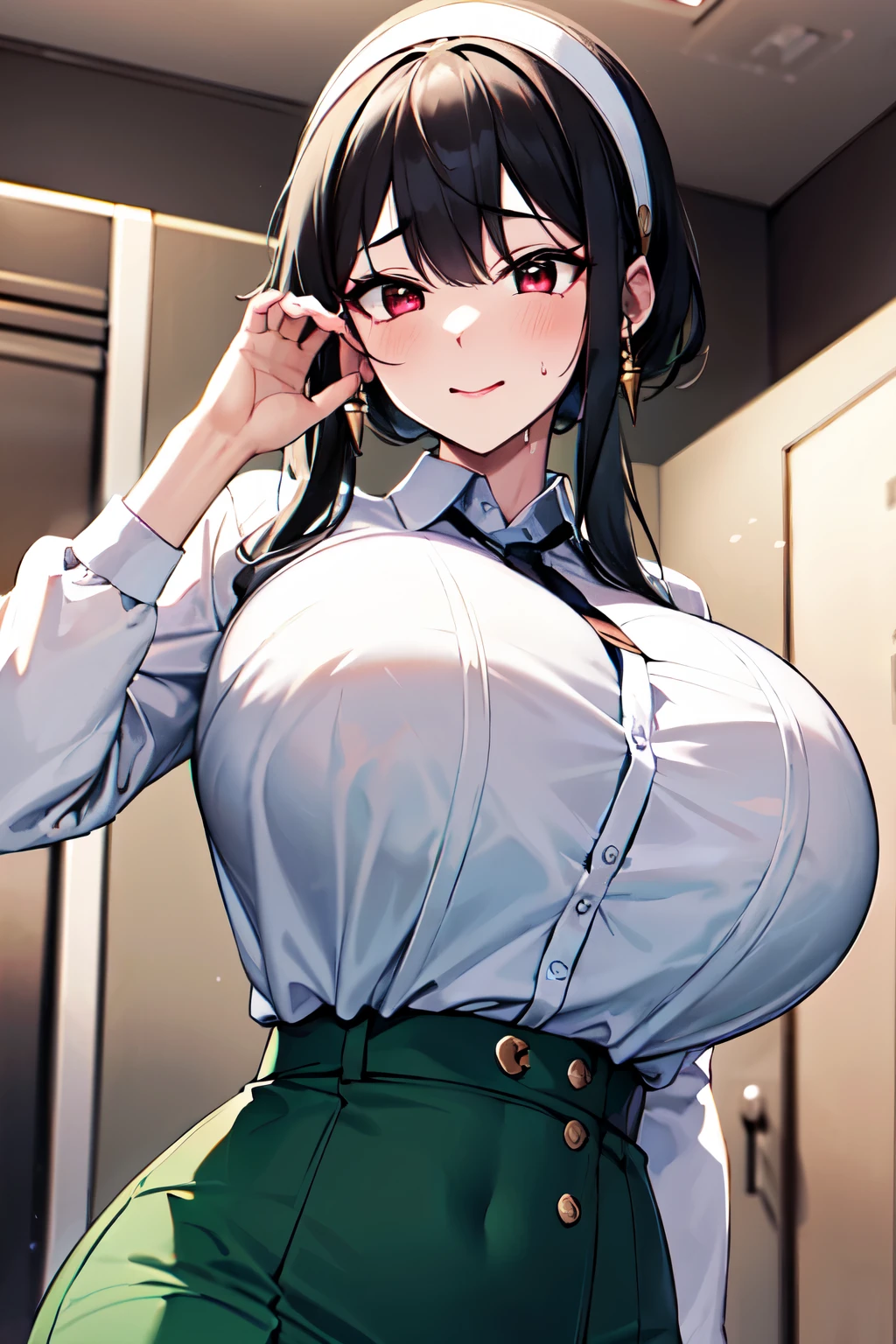 masterpiece, best quality, highres, BBYORF, short hair with long locks, white hairband, red eyes, gold earrings, (large breasts,busty),full bust,slender,(Very thin_Waist:1.4), office lady, white shirt, collared shirt,long sleeves, green skirt, (Black tights),office, (paper:1.1), surprised, standing,((Poses that accentuate large breasts)),((breast focus)),A kind smile,Estrus,sweat,Heavy breathing,Pervert,Slut,Tight big breasts,breast close-up