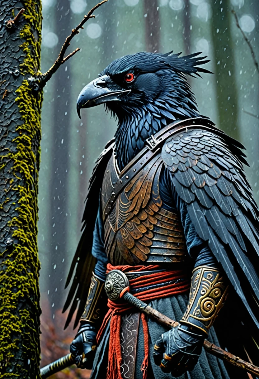 Create a realistic and haunting image of Karasu Tengu, the crow tengu from Japanese folklore. He should appear as a menacing figure with the body of a warrior and the head and wings of a crow. His face should be fierce, with sharp, dark eyes and a beak-like nose. Dress him in traditional Japanese warrior armor, with intricate details and dark, weathered metal. The background should be a misty, ancient forest with tall, shadowy trees and a dim, eerie atmosphere. Snowflakes should be gently falling around him, adding to the chilling atmosphere. The overall scene should evoke a sense of dread and supernatural menace, highlighting his role as a protector and warrior.

