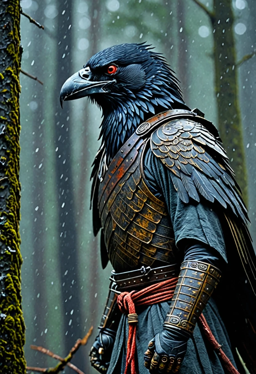 Create a realistic and haunting image of Karasu Tengu, the crow tengu from Japanese folklore. He should appear as a menacing figure with the body of a warrior and the head and wings of a crow. His face should be fierce, with sharp, dark eyes and a beak-like nose. Dress him in traditional Japanese warrior armor, with intricate details and dark, weathered metal. The background should be a misty, ancient forest with tall, shadowy trees and a dim, eerie atmosphere. Snowflakes should be gently falling around him, adding to the chilling atmosphere. The overall scene should evoke a sense of dread and supernatural menace, highlighting his role as a protector and warrior.
