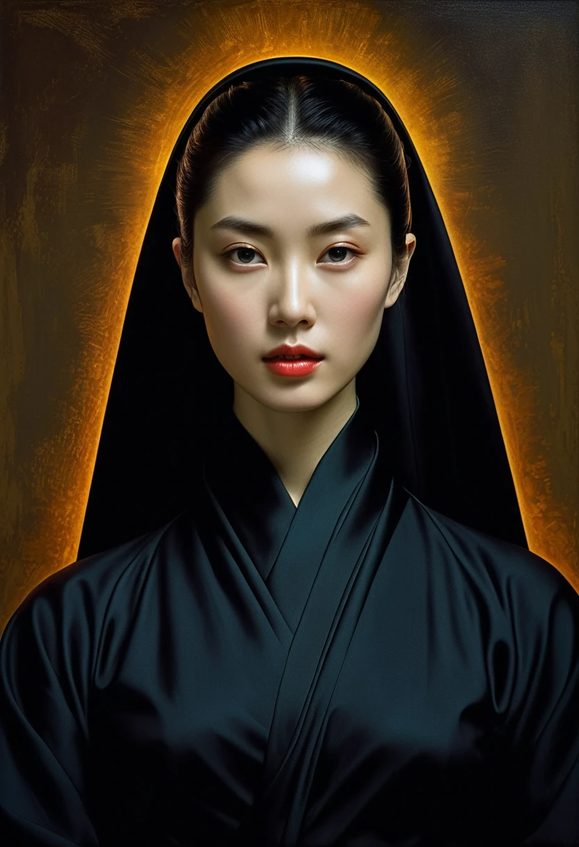  (((Iconic Lady in darkness sunny colors but extremely beautiful))) (((masterpiece,religious, minimalist,mysterious hyperrealistic))) (((Monochrome solid colors))) (((Gorgeous,sophisticated))) (((by Michael Curtiz style,by caravaggio style))),digital artwork by Beksinski，Zhao Liying，Liu Shishi，Liu Yifei